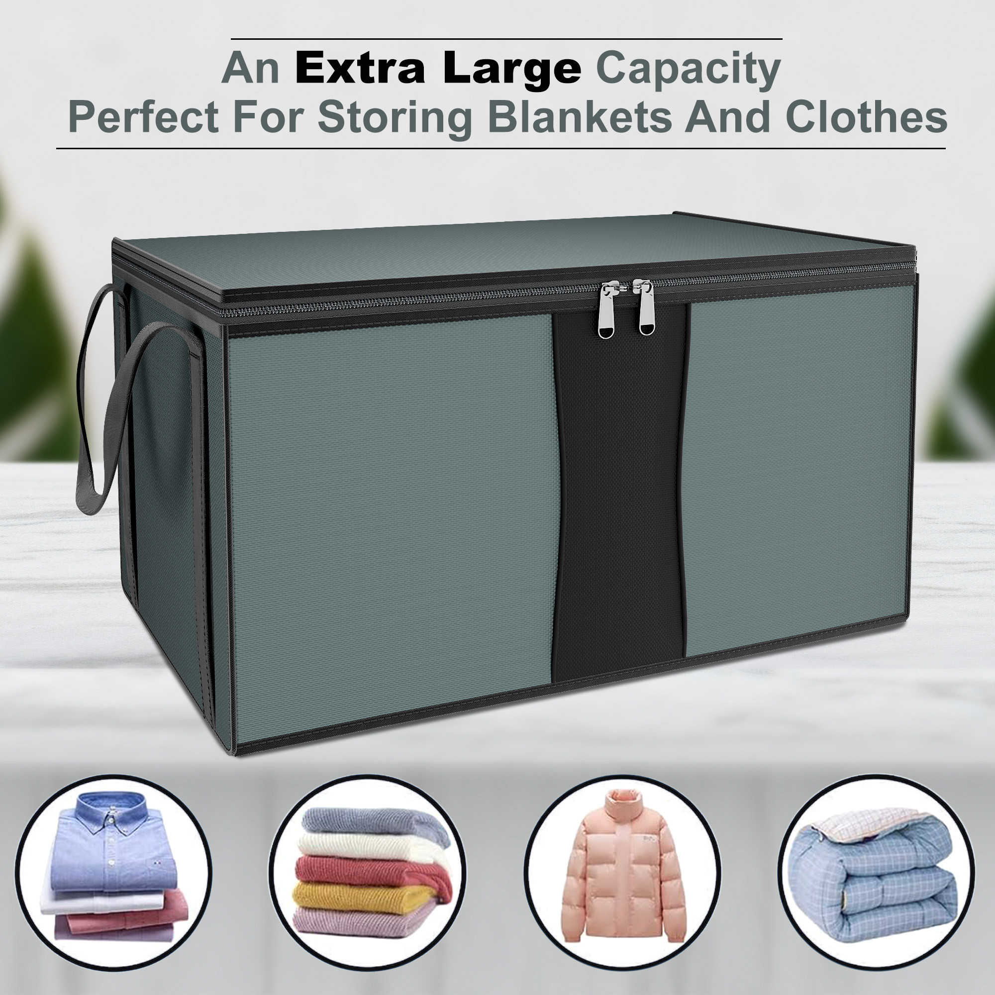 Kuber Industries Underbed Storage Bag  Foldable Blanket Bags  Waterproof Clothing-Bedding Bag  Closet Wardrobe Organizer  Carry Handle  Black Patti  Large  Grey