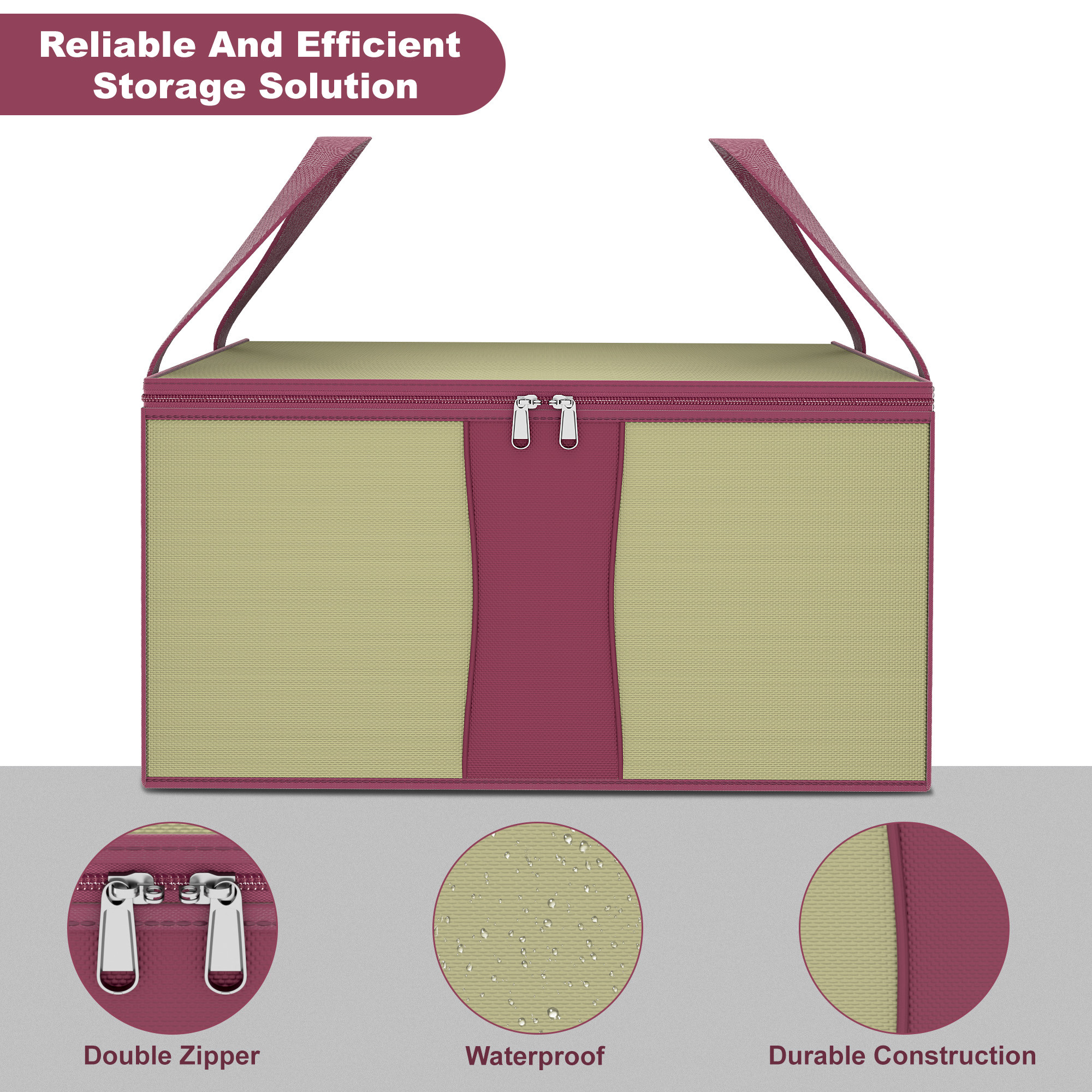 Kuber Industries Underbed Storage Bag  Foldable Blanket Bags  Waterproof Clothing-Bedding Bag  Closet Wardrobe Organizer  Large  Carry Handle  Maroon Patti  Beige