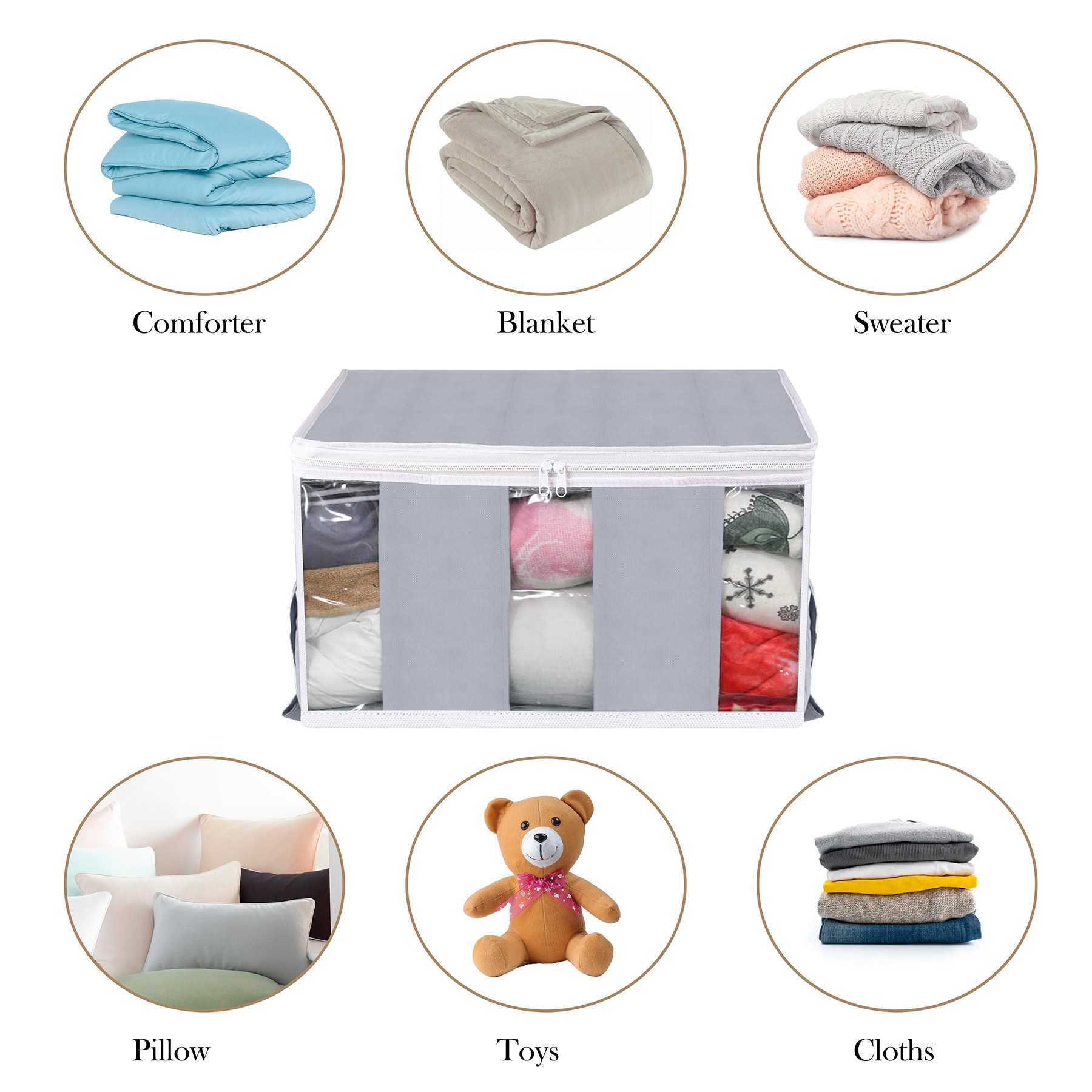 Kuber Industries Underbed Storage Bag  Non-Woven Storage Bag  Storage Organizer with 3 Partitions  Blanket Cover with Side Handles  Jumbo Storage Cover  Gray