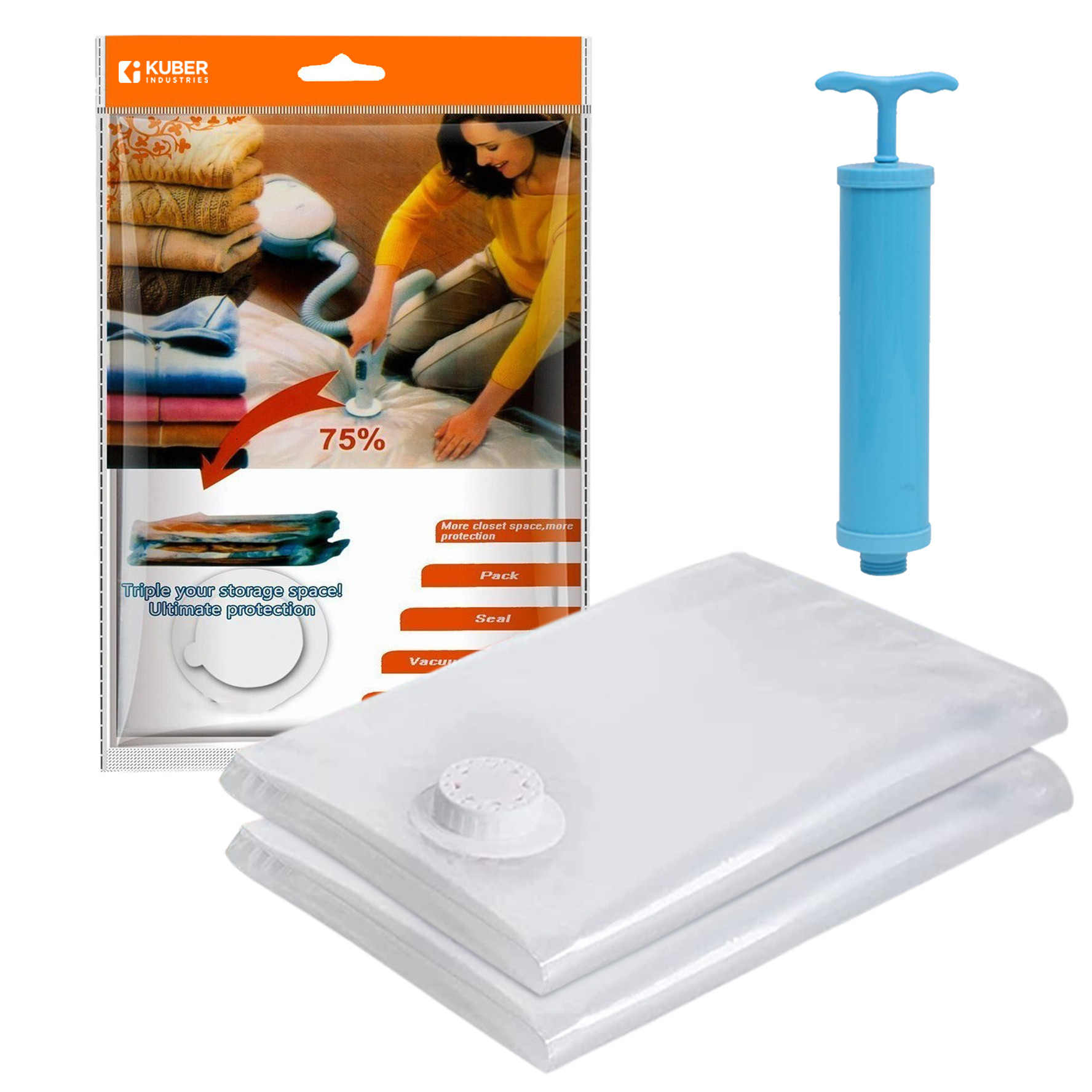 Kuber Industries Vacuum Storage Bags | Travel Space Saver Seal Bags | Vacuum Bags for Comforters | Bags for Blankets | Bags for Clothes with Hand Pump | 50x70 |Transparent