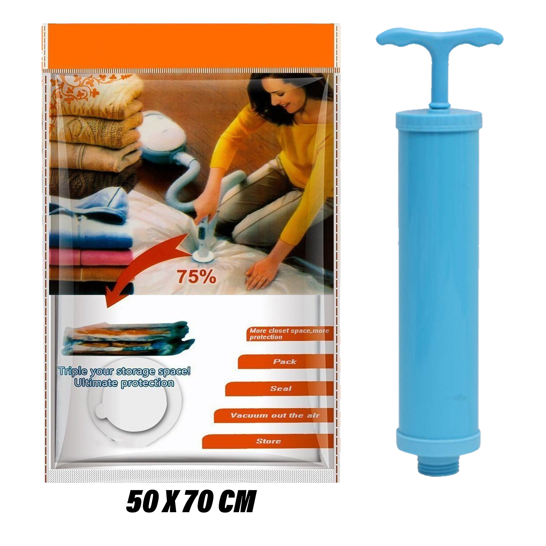 Kuber Industries Vacuum Storage Bags | Travel Space Saver Seal Bags | Vacuum Bags for Comforters | Bags for Blankets | Bags for Clothes with Hand Pump | 50x70 |Transparent