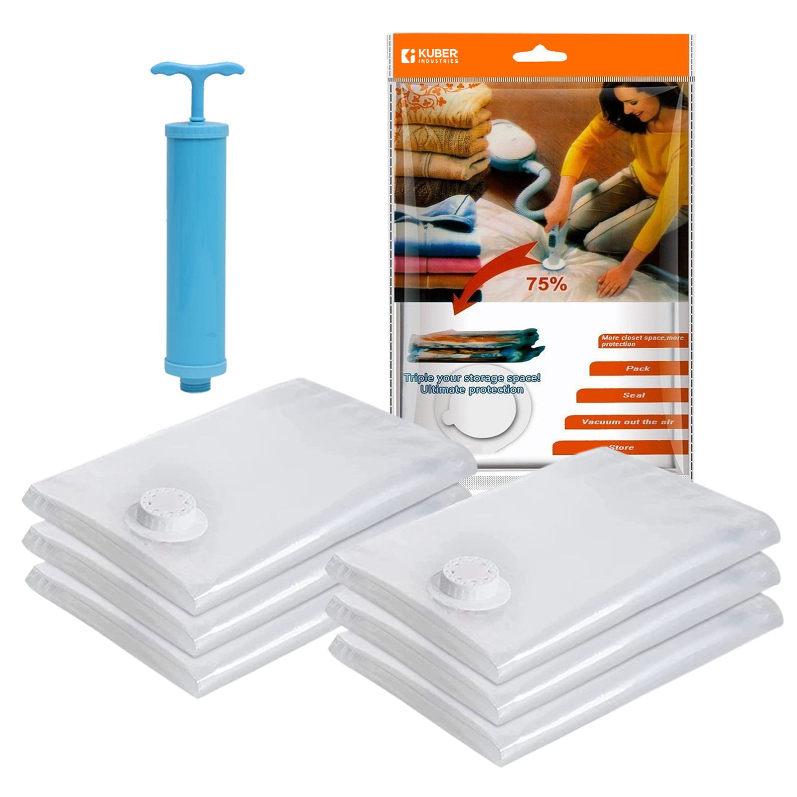Kuber Industries Vacuum Storage Bags | Travel Space Saver Seal Bags | Vacuum Bags for Comforters | Bags for Blankets | Bags for Clothes with Hand Pump | 50x70 |Transparent
