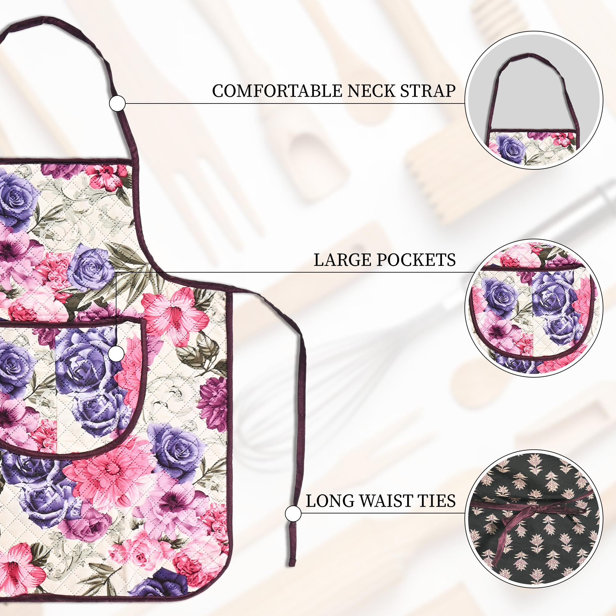 Kuber Industries Velvet Apron for Kitchen with Center Pocket  Cooking Aprons for Women  Men - Ideal for Home  Restaurant  Flower Quilted Print - Cream  Pink