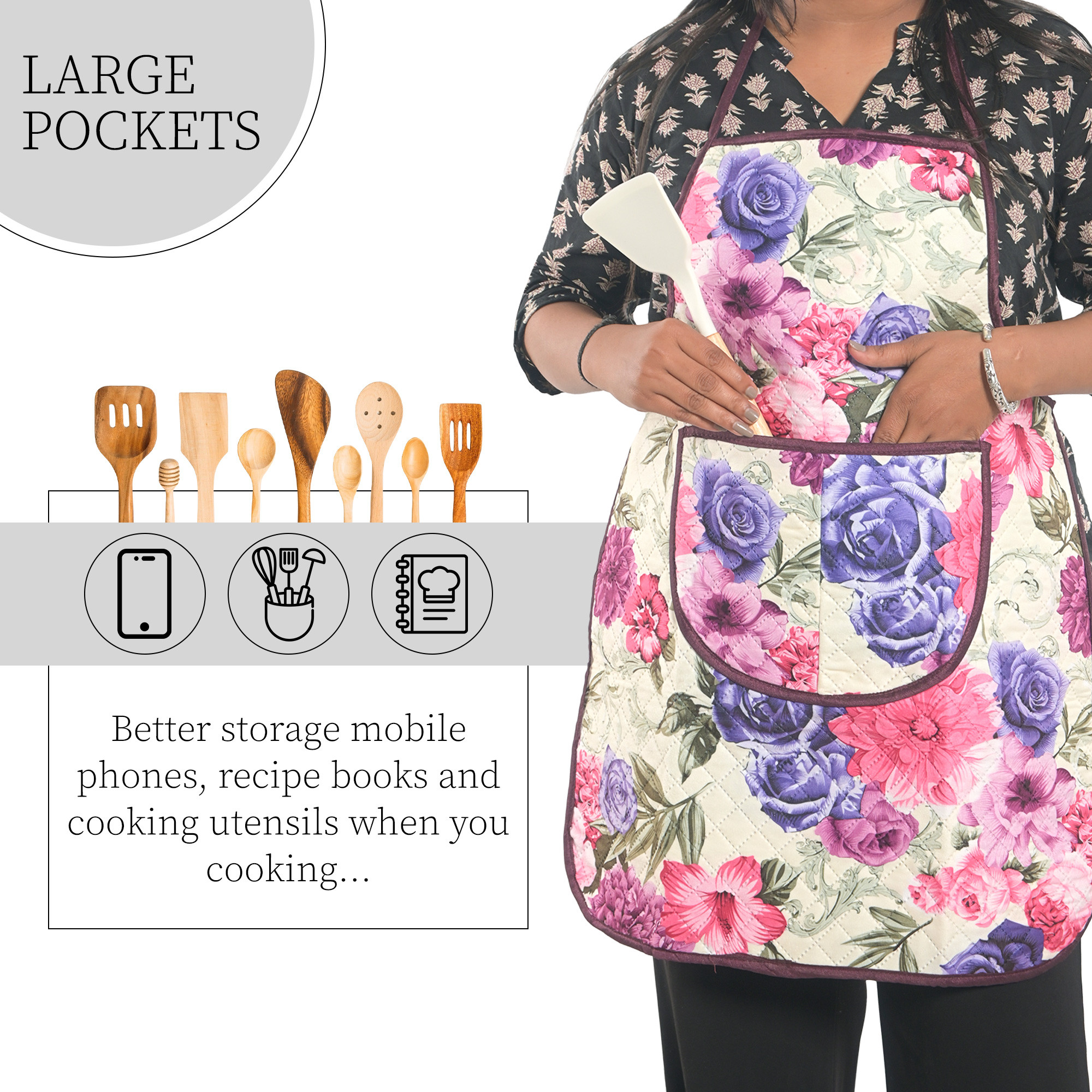 Kuber Industries Velvet Apron for Kitchen with Center Pocket  Cooking Aprons for Women  Men - Ideal for Home  Restaurant  Flower Quilted Print - Cream  Pink