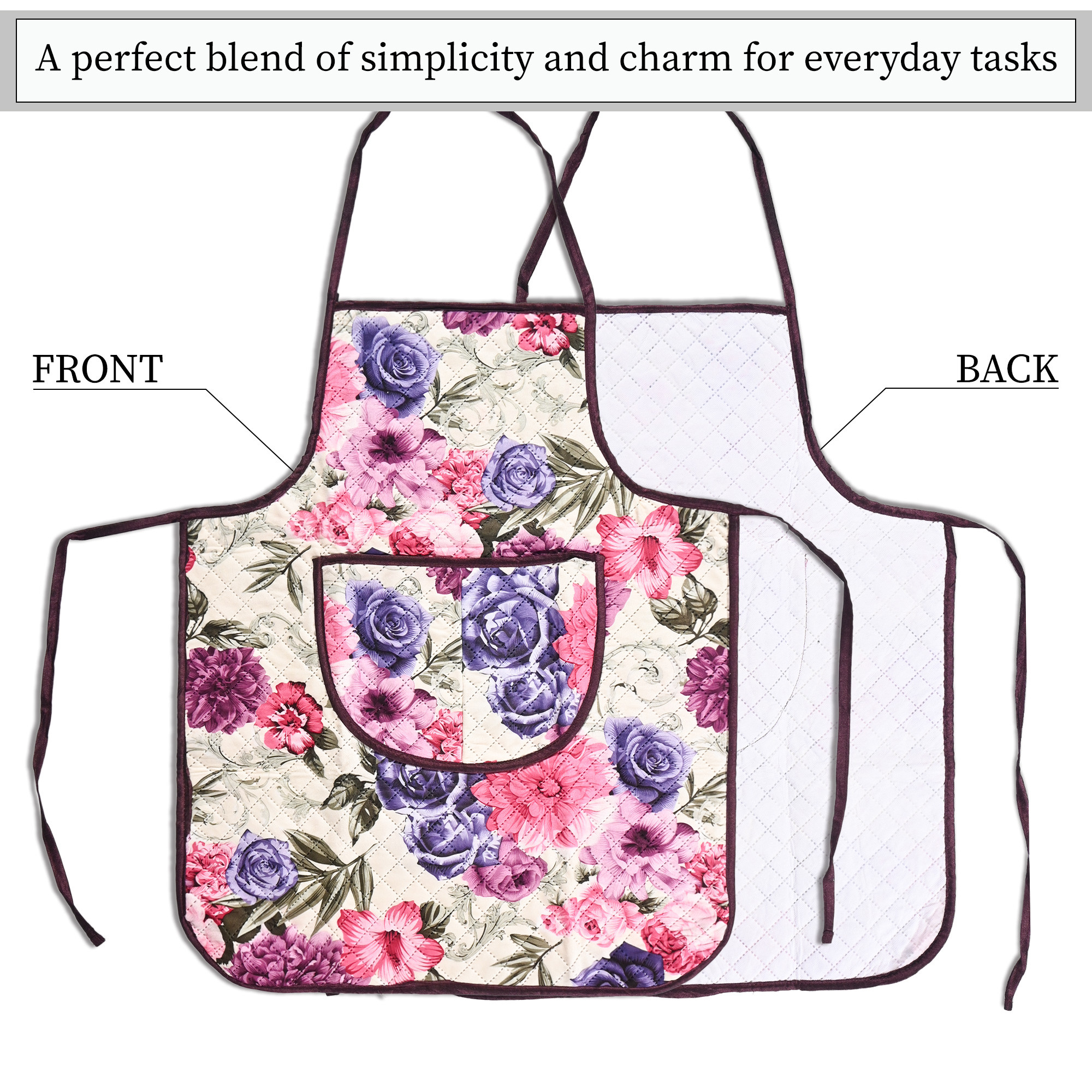 Kuber Industries Velvet Apron for Kitchen with Center Pocket  Cooking Aprons for Women  Men - Ideal for Home  Restaurant  Flower Quilted Print - Cream  Pink
