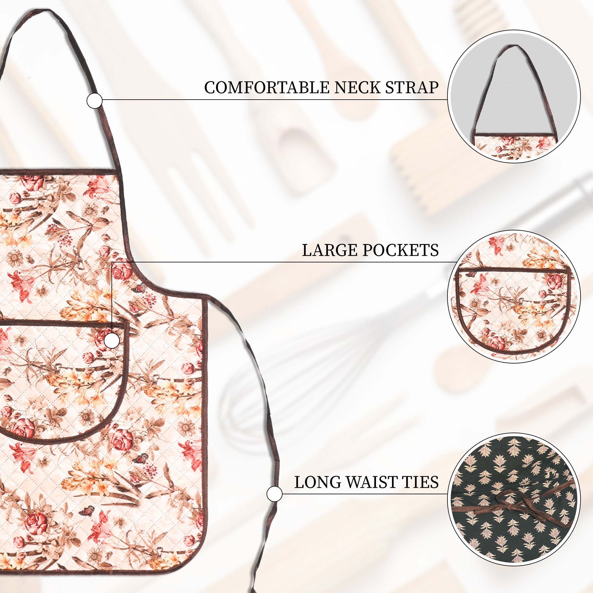 Kuber Industries Velvet Apron for Kitchen with Center Pocket  Cooking Aprons for Women  Men - Ideal for Home  Restaurant  Flower Quilted Print - Cream  Brown