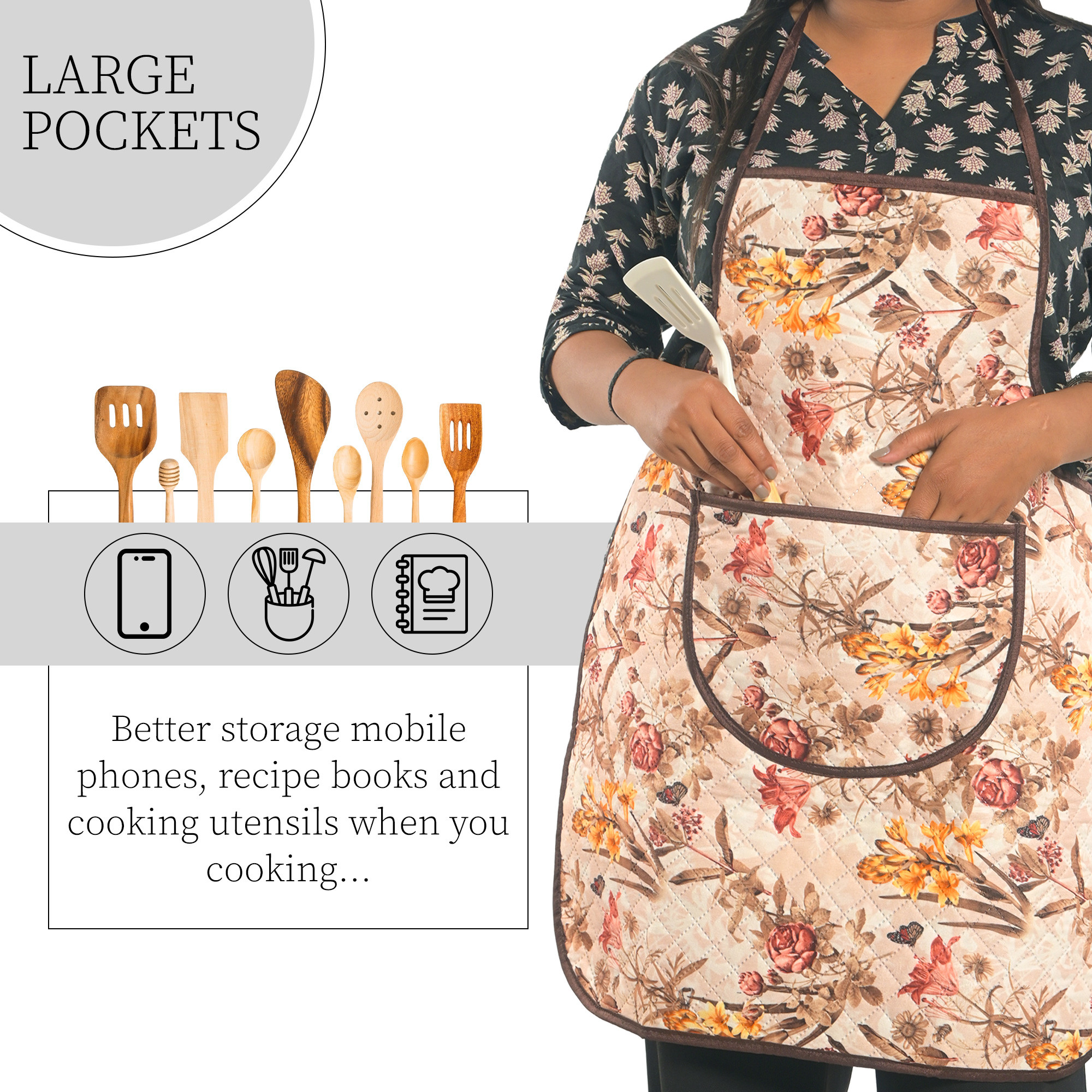 Kuber Industries Velvet Apron for Kitchen with Center Pocket  Cooking Aprons for Women  Men - Ideal for Home  Restaurant  Flower Quilted Print - Cream  Brown