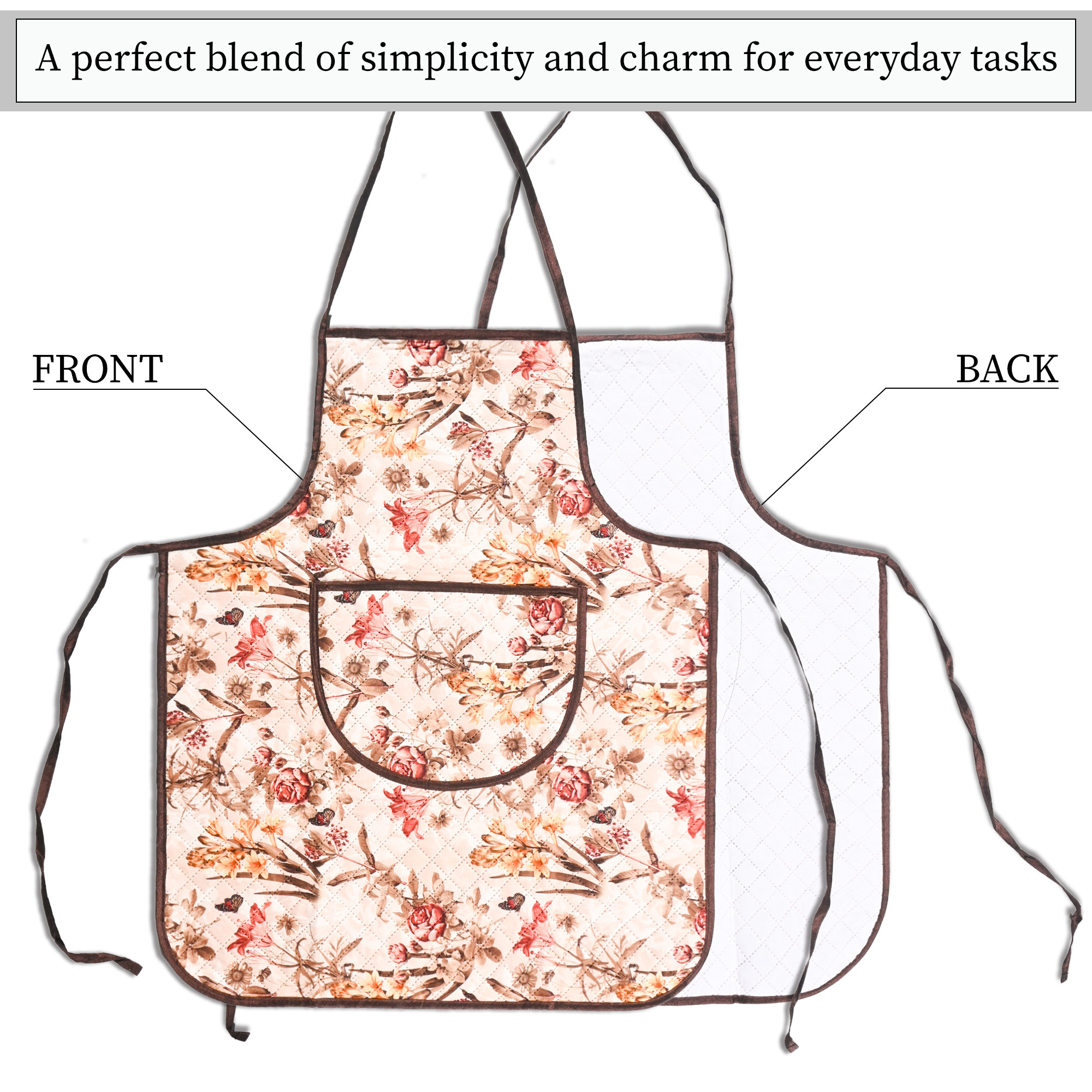 Kuber Industries Velvet Apron for Kitchen with Center Pocket  Cooking Aprons for Women  Men - Ideal for Home  Restaurant  Flower Quilted Print - Cream  Brown