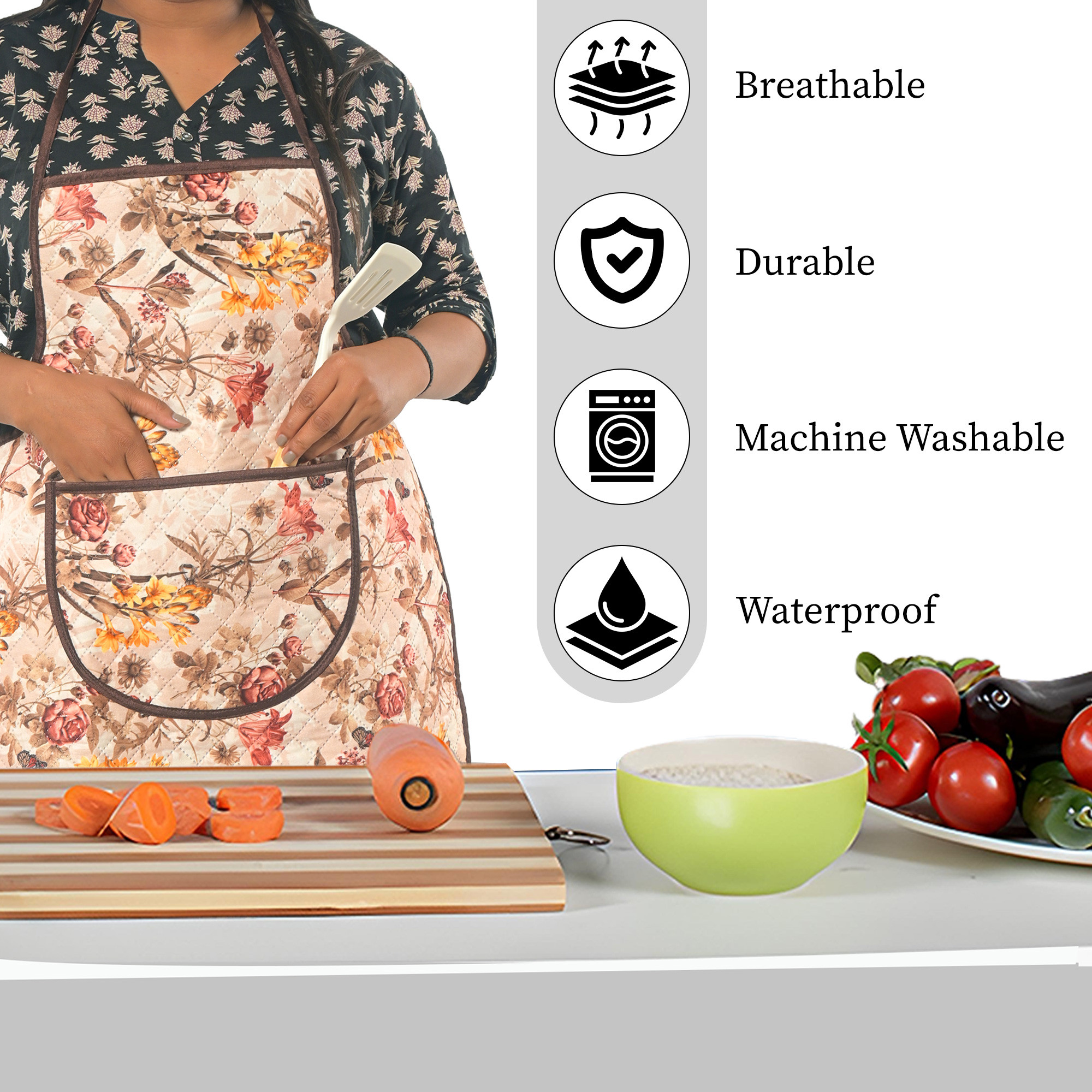 Kuber Industries Velvet Apron for Kitchen with Center Pocket  Cooking Aprons for Women  Men - Ideal for Home  Restaurant  Flower Quilted Print - Cream  Brown