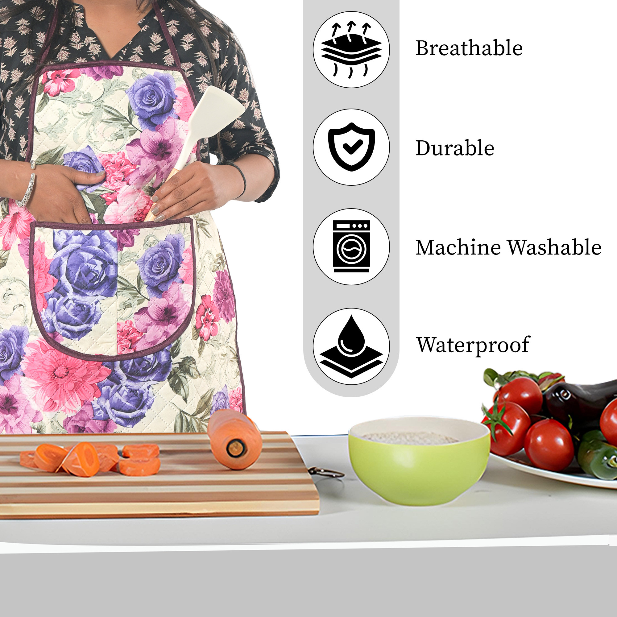 Kuber Industries Velvet Apron for Kitchen with Center Pocket  Cooking Aprons for Women  Men - Ideal for Home  Restaurant  Flower Quilted Print - Cream  Pink