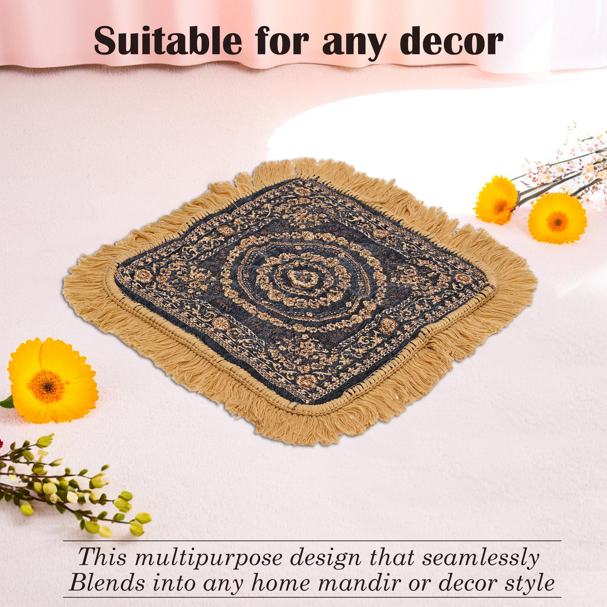 Kuber Industries Velvet Finish pooja mat for sitting on floor  Traditional Rangoli Print Aasan Puja Cloth for Home Mandir  Suitable for Prayer  Meditation  Golden Grey