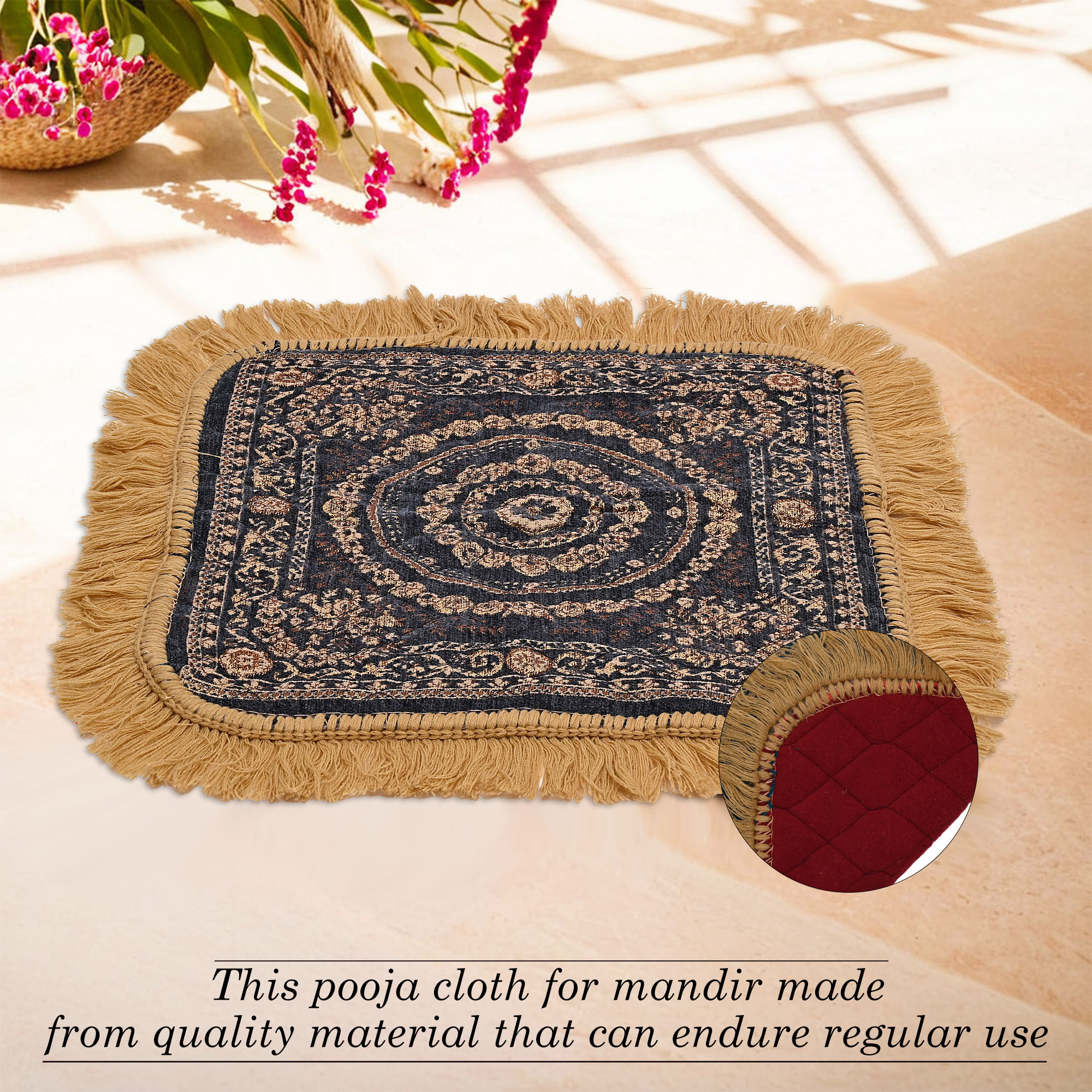 Kuber Industries Velvet Finish pooja mat for sitting on floor  Traditional Rangoli Print Aasan Puja Cloth for Home Mandir  Suitable for Prayer  Meditation  Golden Grey