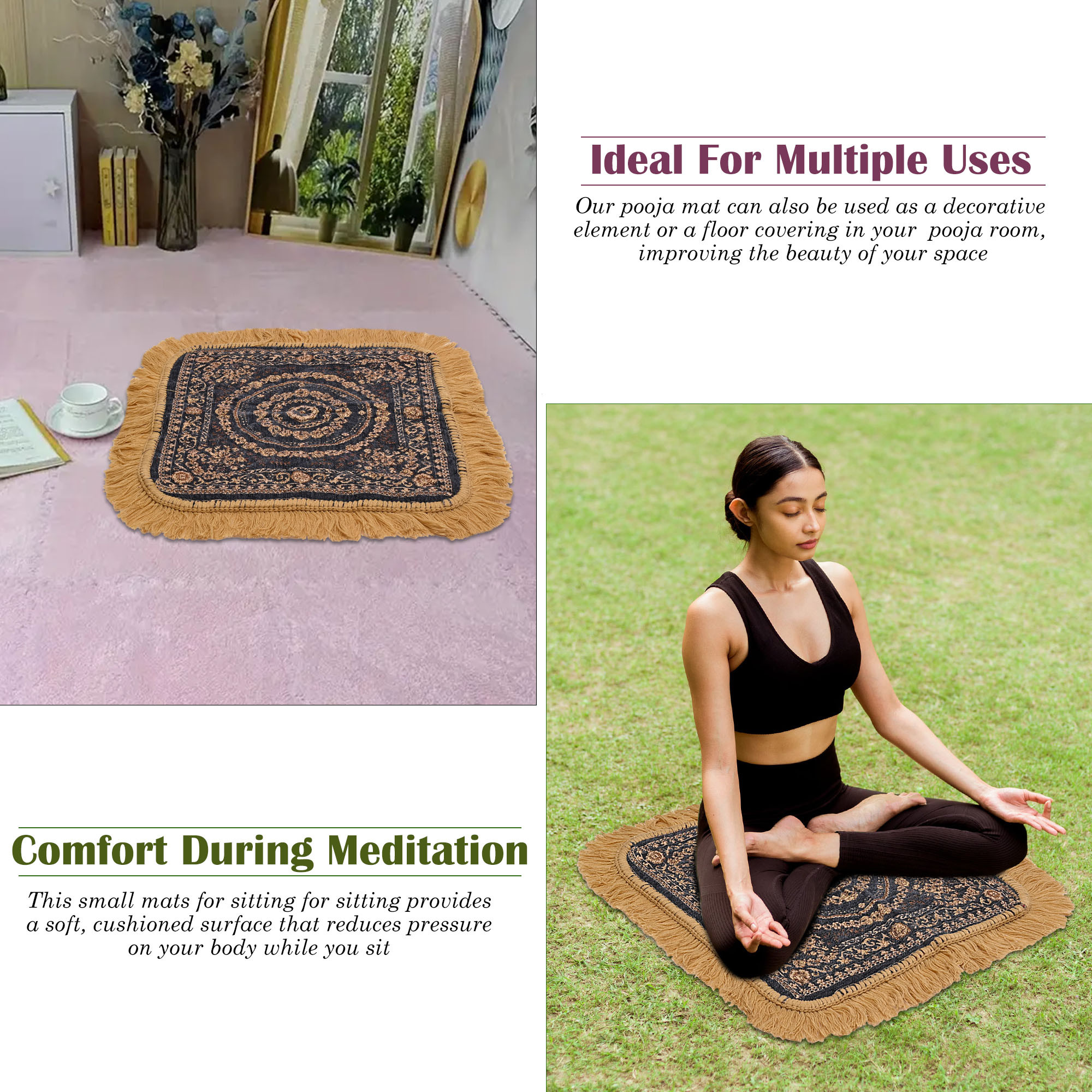 Kuber Industries Velvet Finish pooja mat for sitting on floor  Traditional Rangoli Print Aasan Puja Cloth for Home Mandir  Suitable for Prayer  Meditation  Golden Grey