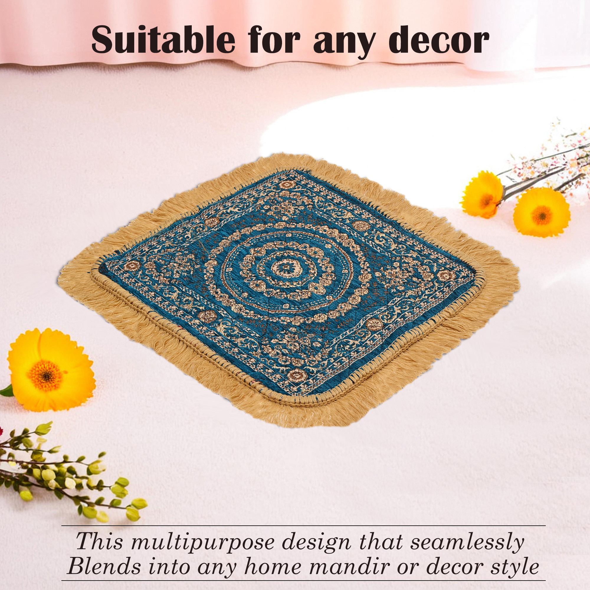 Kuber Industries Velvet Finish pooja mat for sitting on floor  Traditional Rangoli Print Aasan Puja Cloth for Home Mandir  Suitable for Prayer  Meditation  Golden Firozi