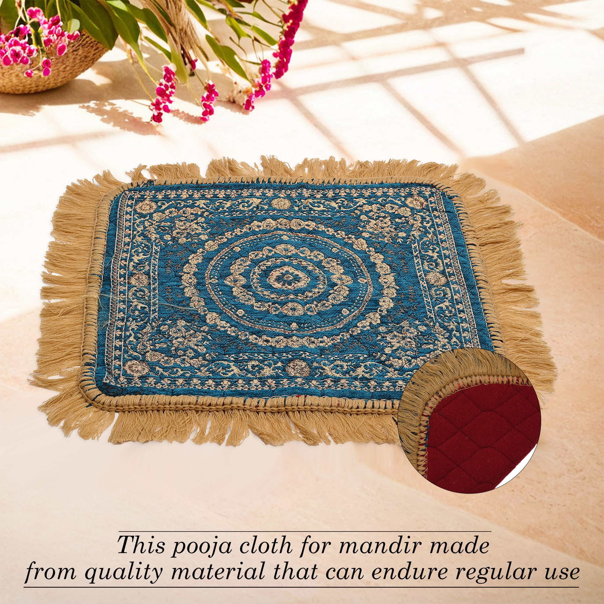 Kuber Industries Velvet Finish pooja mat for sitting on floor  Traditional Rangoli Print Aasan Puja Cloth for Home Mandir  Suitable for Prayer  Meditation  Golden Firozi