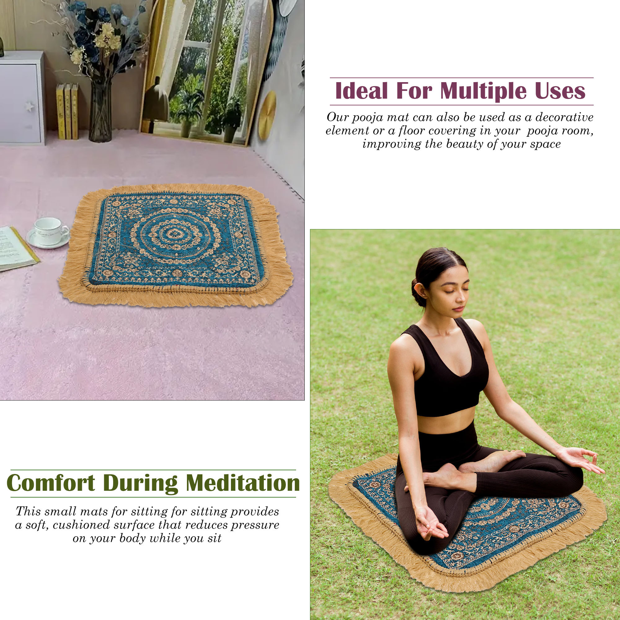 Kuber Industries Velvet Finish pooja mat for sitting on floor  Traditional Rangoli Print Aasan Puja Cloth for Home Mandir  Suitable for Prayer  Meditation  Golden Firozi