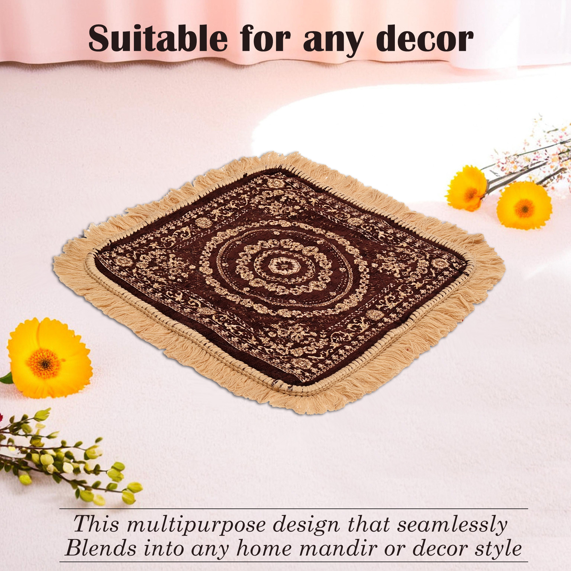 Kuber Industries Velvet Finish pooja mat for sitting on floor  Traditional Rangoli Print Aasan Puja Cloth for Home Mandir  Suitable for Prayer  Meditation  Golden Brown