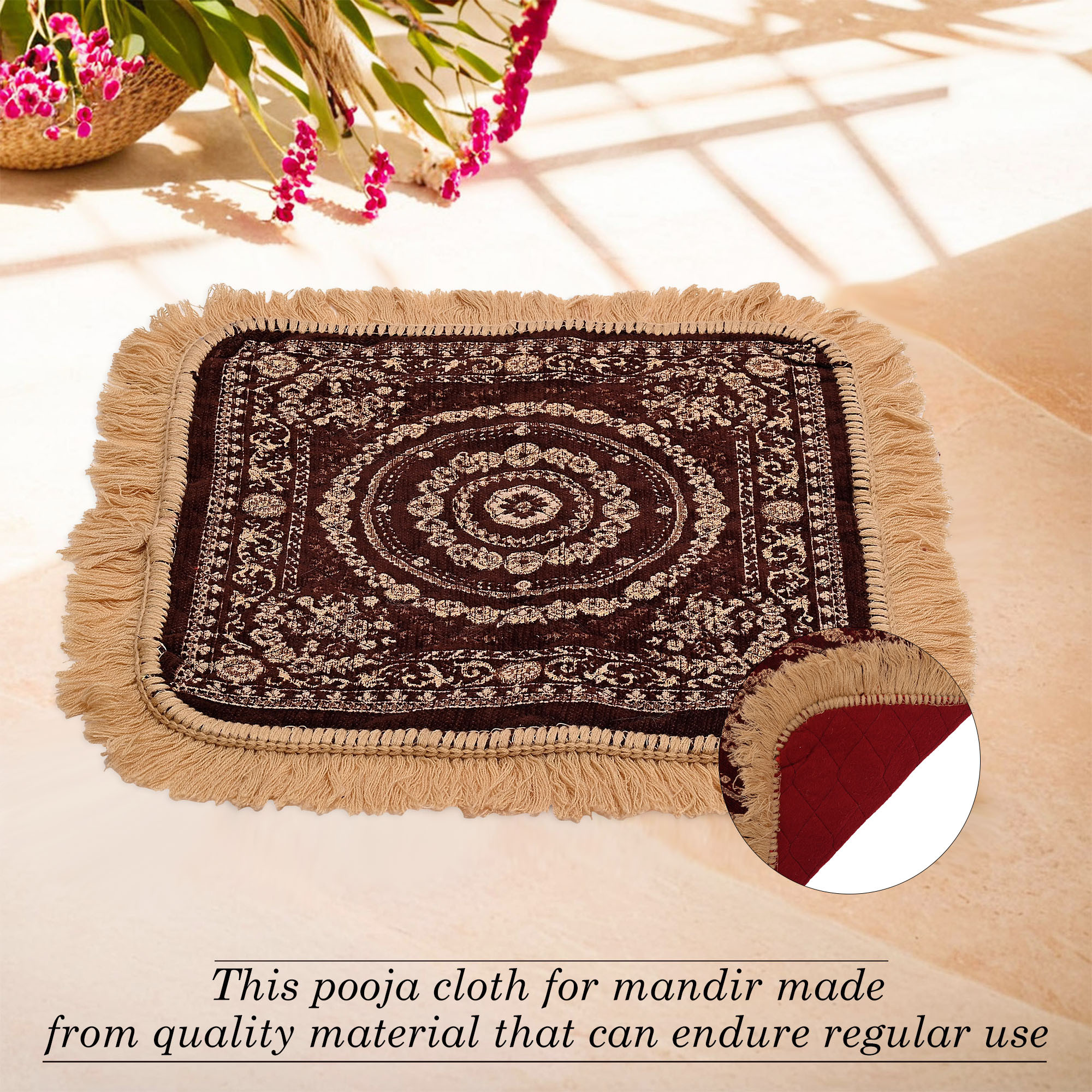 Kuber Industries Velvet Finish pooja mat for sitting on floor  Traditional Rangoli Print Aasan Puja Cloth for Home Mandir  Suitable for Prayer  Meditation  Golden Brown