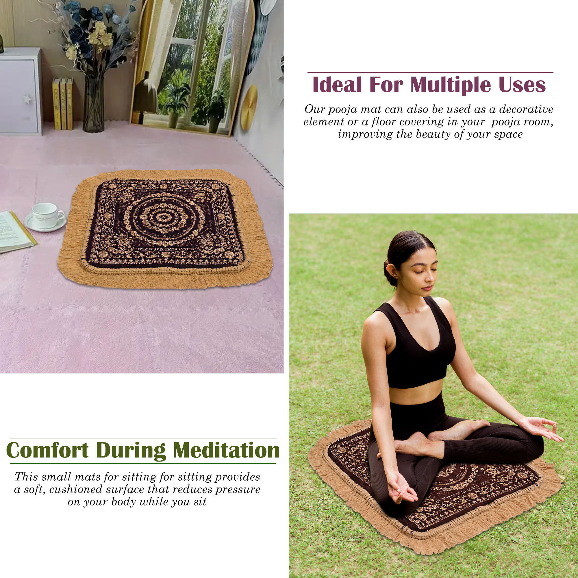 Kuber Industries Velvet Finish pooja mat for sitting on floor  Traditional Rangoli Print Aasan Puja Cloth for Home Mandir  Suitable for Prayer  Meditation  Golden Brown