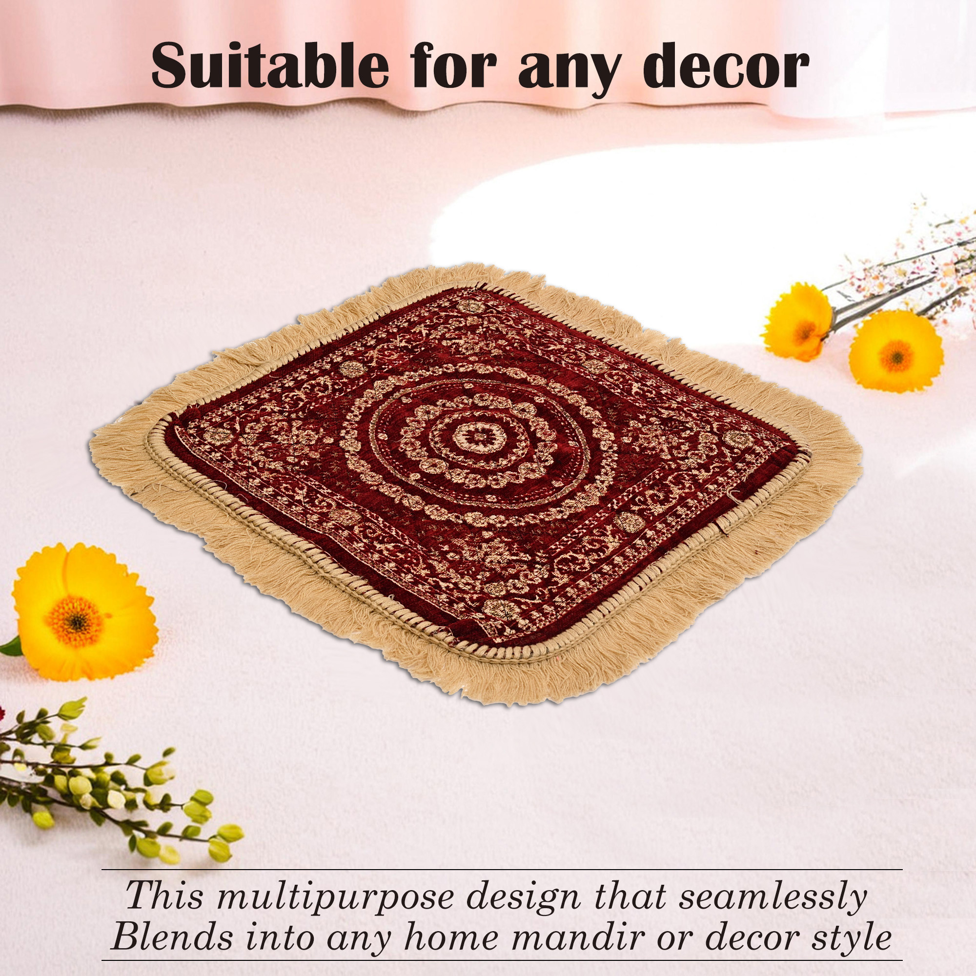 Kuber Industries Velvet Finish pooja mat for sitting on floor  Traditional Rangoli Print Aasan Puja Cloth for Home Mandir  Suitable for Prayer  Meditation  Golden Maroon