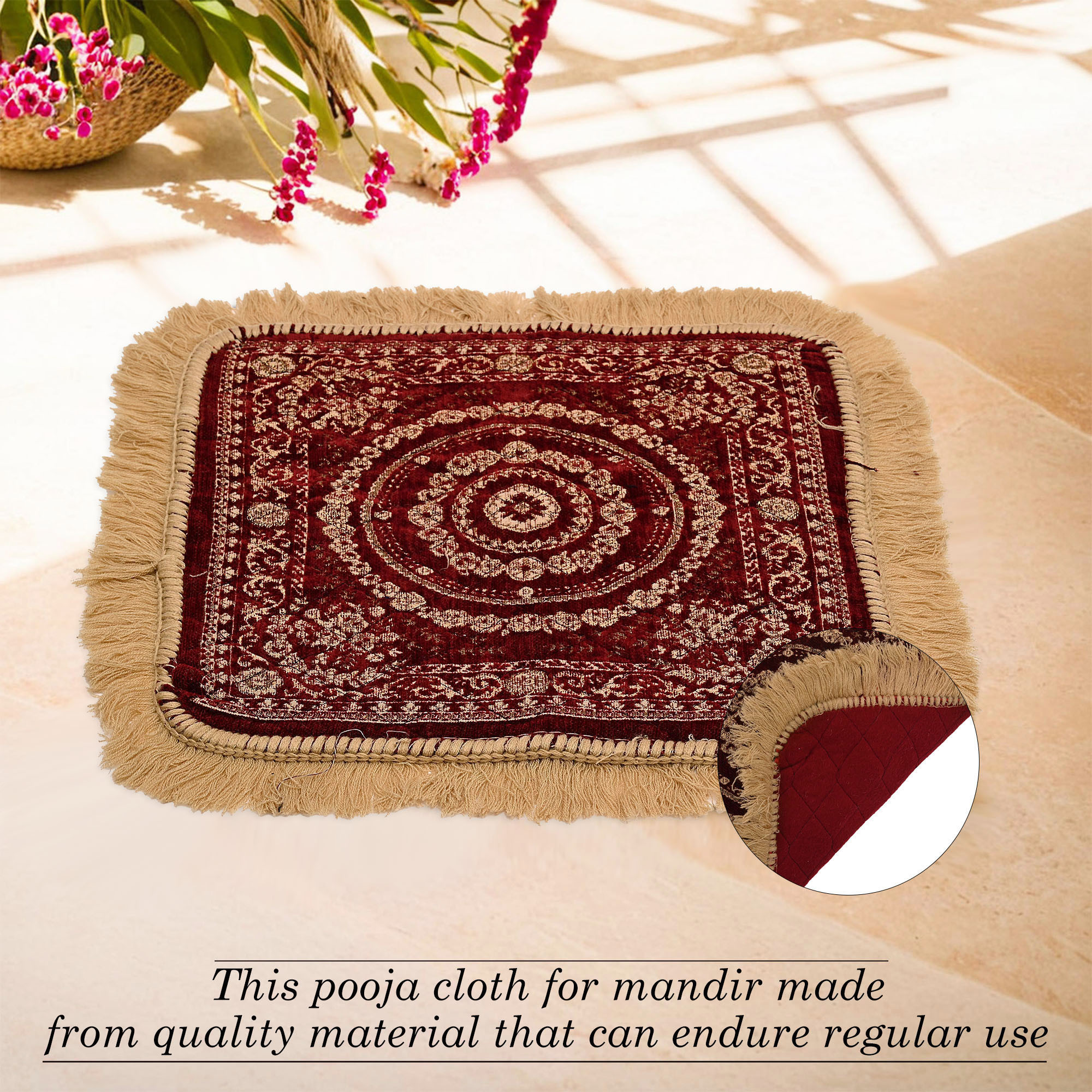 Kuber Industries Velvet Finish pooja mat for sitting on floor  Traditional Rangoli Print Aasan Puja Cloth for Home Mandir  Suitable for Prayer  Meditation  Golden Maroon