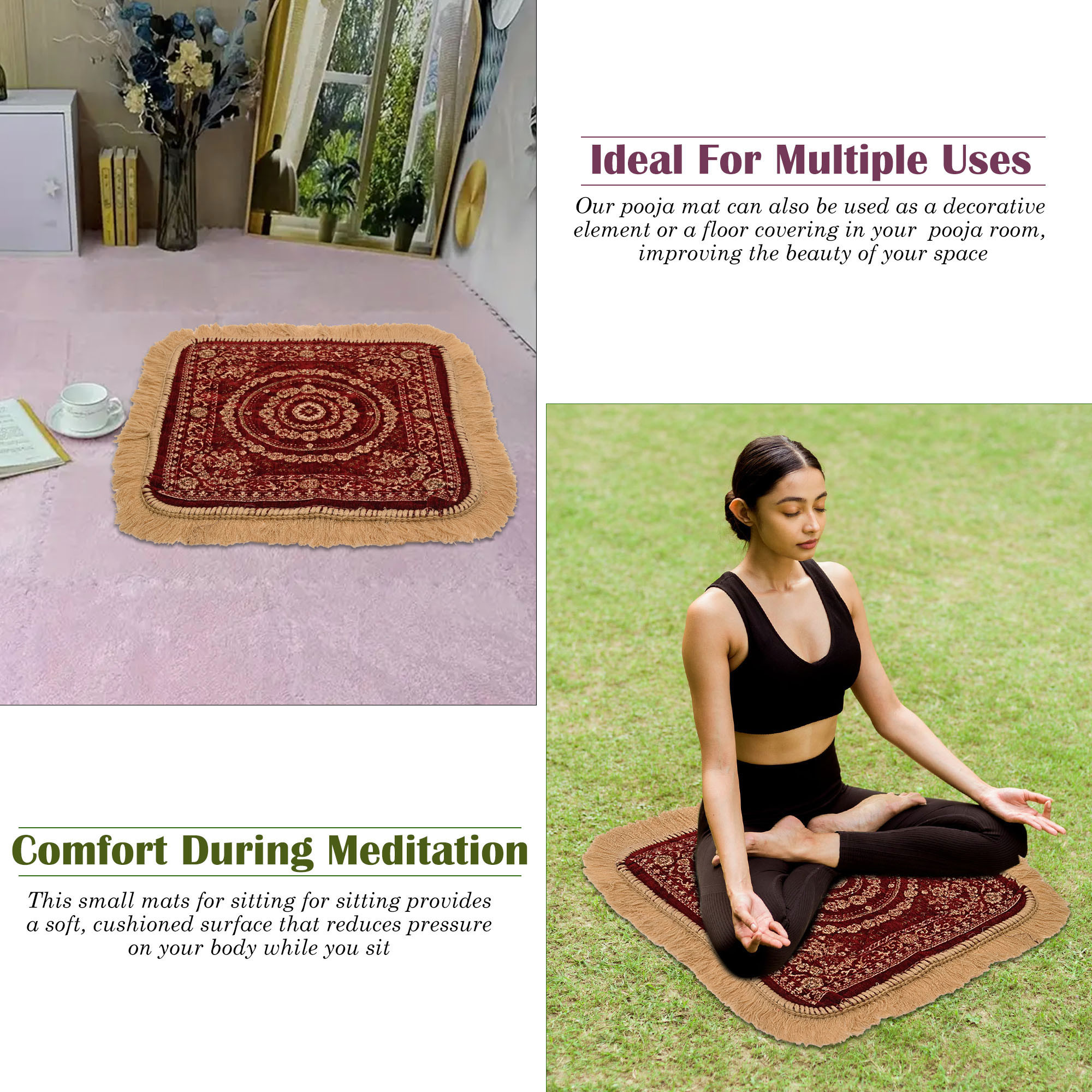 Kuber Industries Velvet Finish pooja mat for sitting on floor  Traditional Rangoli Print Aasan Puja Cloth for Home Mandir  Suitable for Prayer  Meditation  Golden Maroon