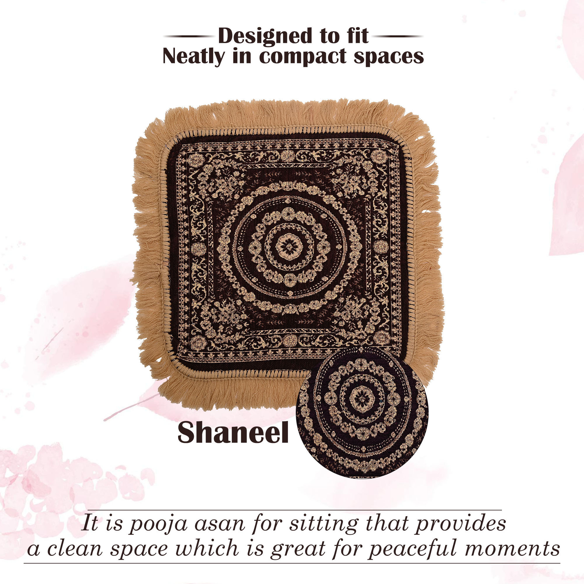 Kuber Industries Velvet Finish pooja mat for sitting on floor  Traditional Rangoli Print Aasan Puja Cloth for Home Mandir  Suitable for Prayer  Meditation  Golden Brown