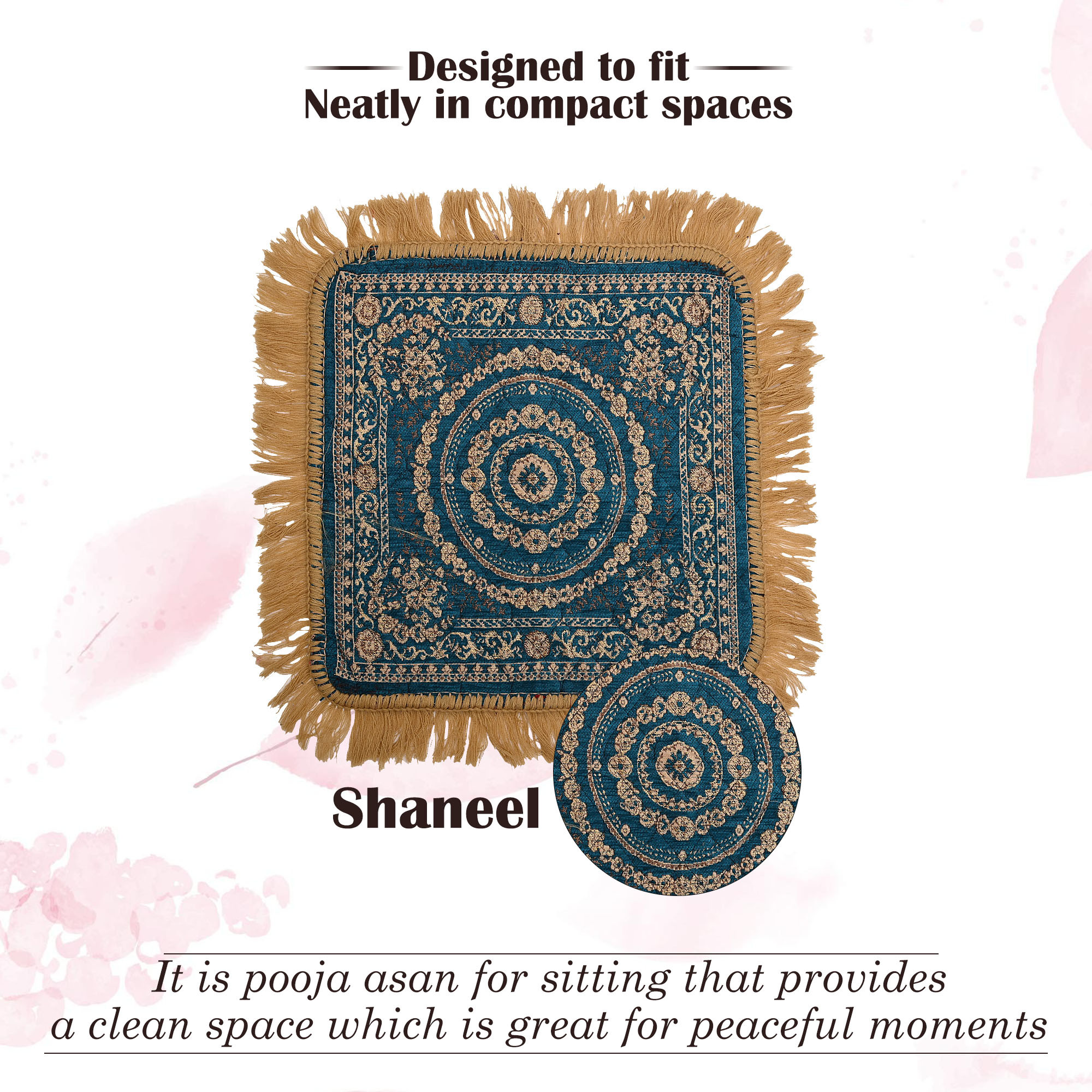 Kuber Industries Velvet Finish pooja mat for sitting on floor  Traditional Rangoli Print Aasan Puja Cloth for Home Mandir  Suitable for Prayer  Meditation  Golden Firozi