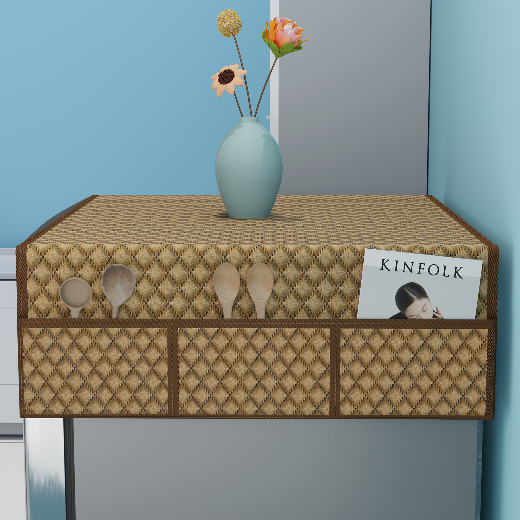Kuber Industries Velvet Fridge Cover Top with 6 Utility Side Pockets  FreezeRefrigerator Cover Single Door  Fridge Top Organizer  Quilted Ultra Sonic - Brown