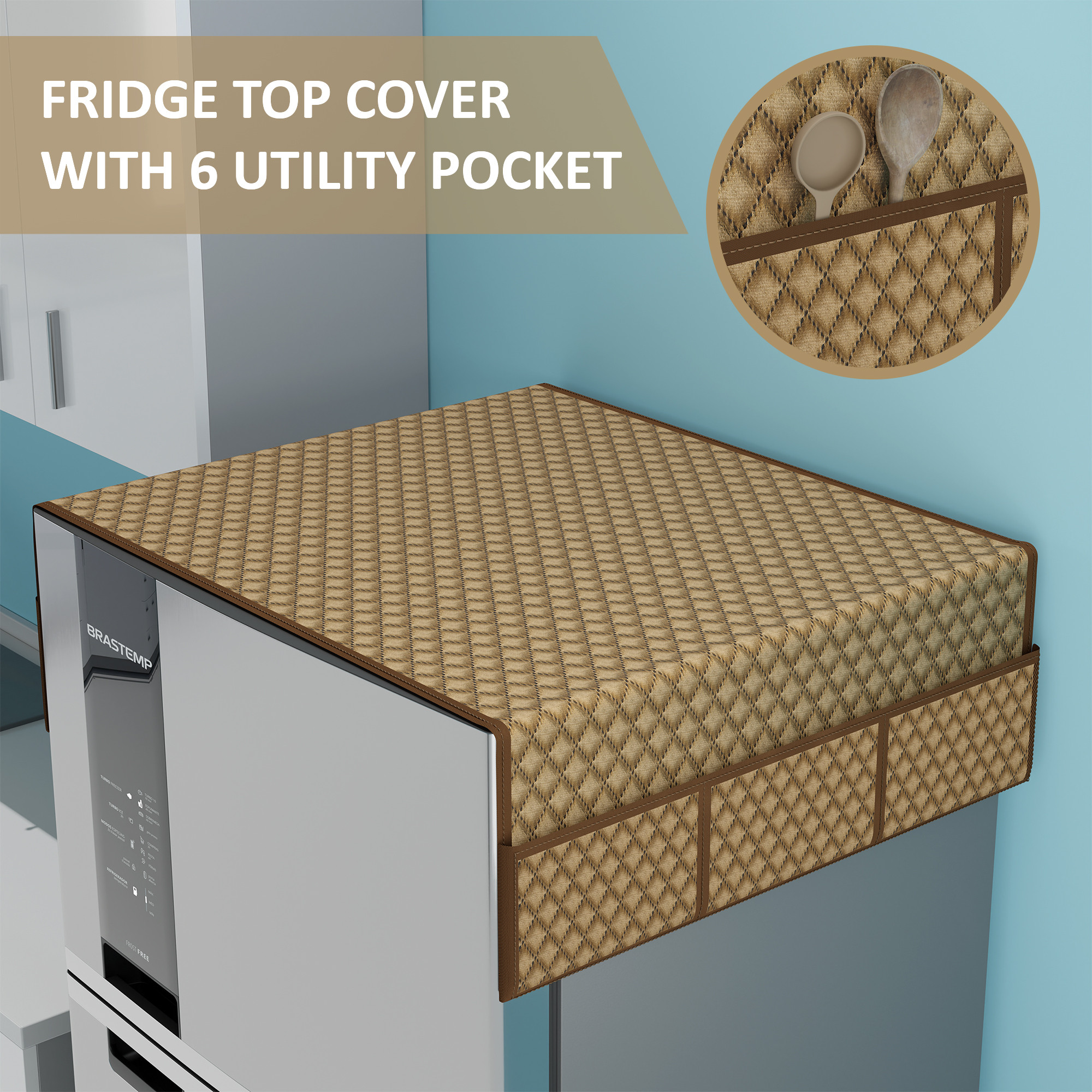 Kuber Industries Velvet Fridge Cover Top with 6 Utility Side Pockets  FreezeRefrigerator Cover Single Door  Fridge Top Organizer  Quilted Ultra Sonic - Brown