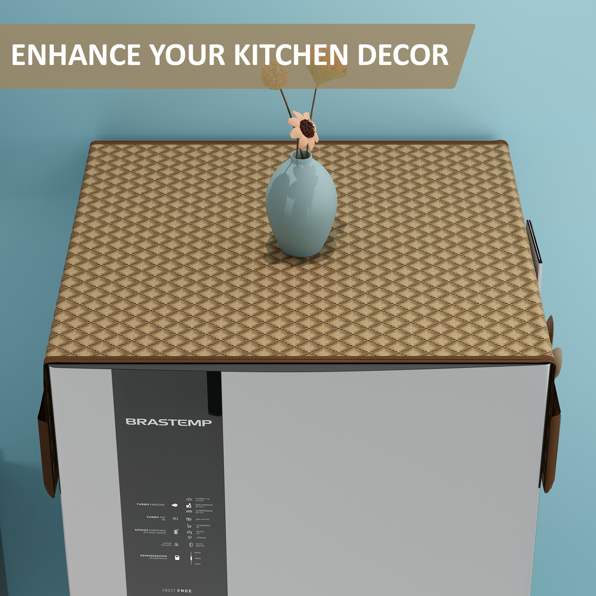 Kuber Industries Velvet Fridge Cover Top with 6 Utility Side Pockets  FreezeRefrigerator Cover Single Door  Fridge Top Organizer  Quilted Ultra Sonic - Brown