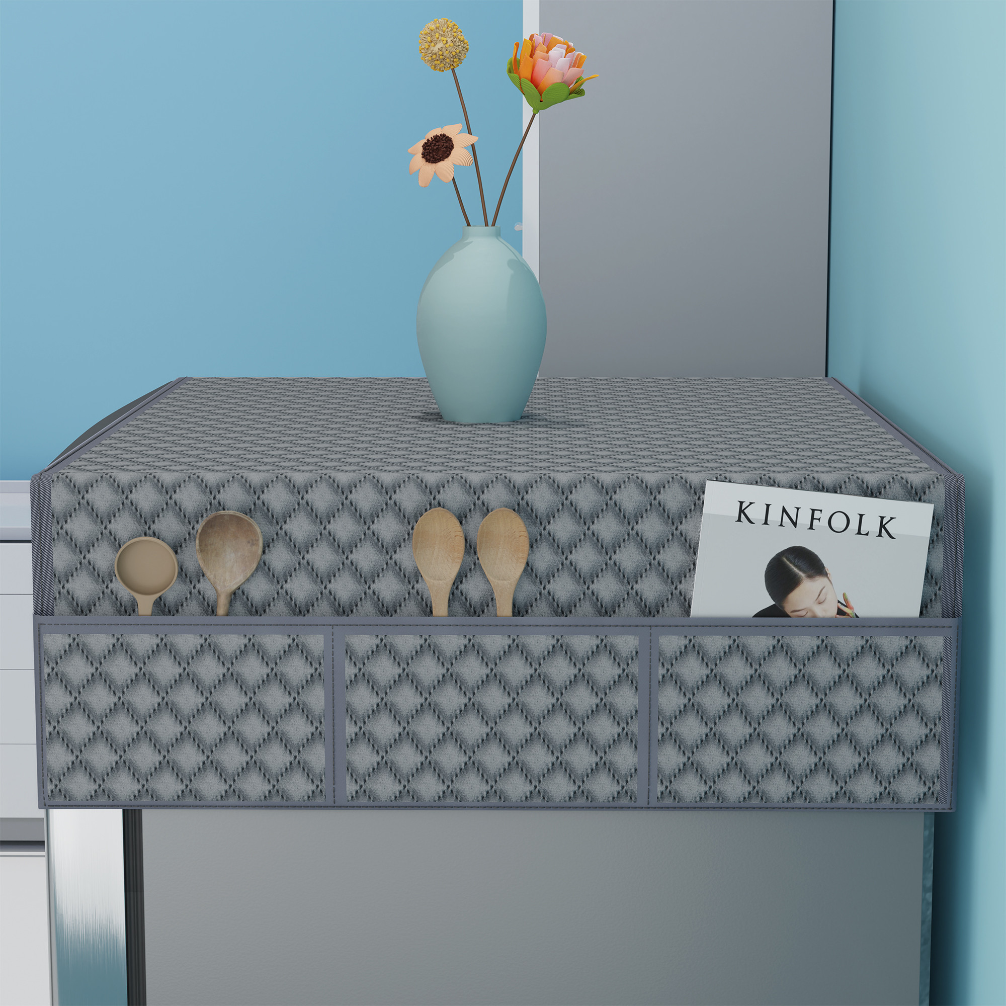 Kuber Industries Velvet Fridge Cover Top with 6 Utility Side Pockets  FreezeRefrigerator Cover Single Door  Fridge Top Organizer  Quilted Ultra Sonic - Grey