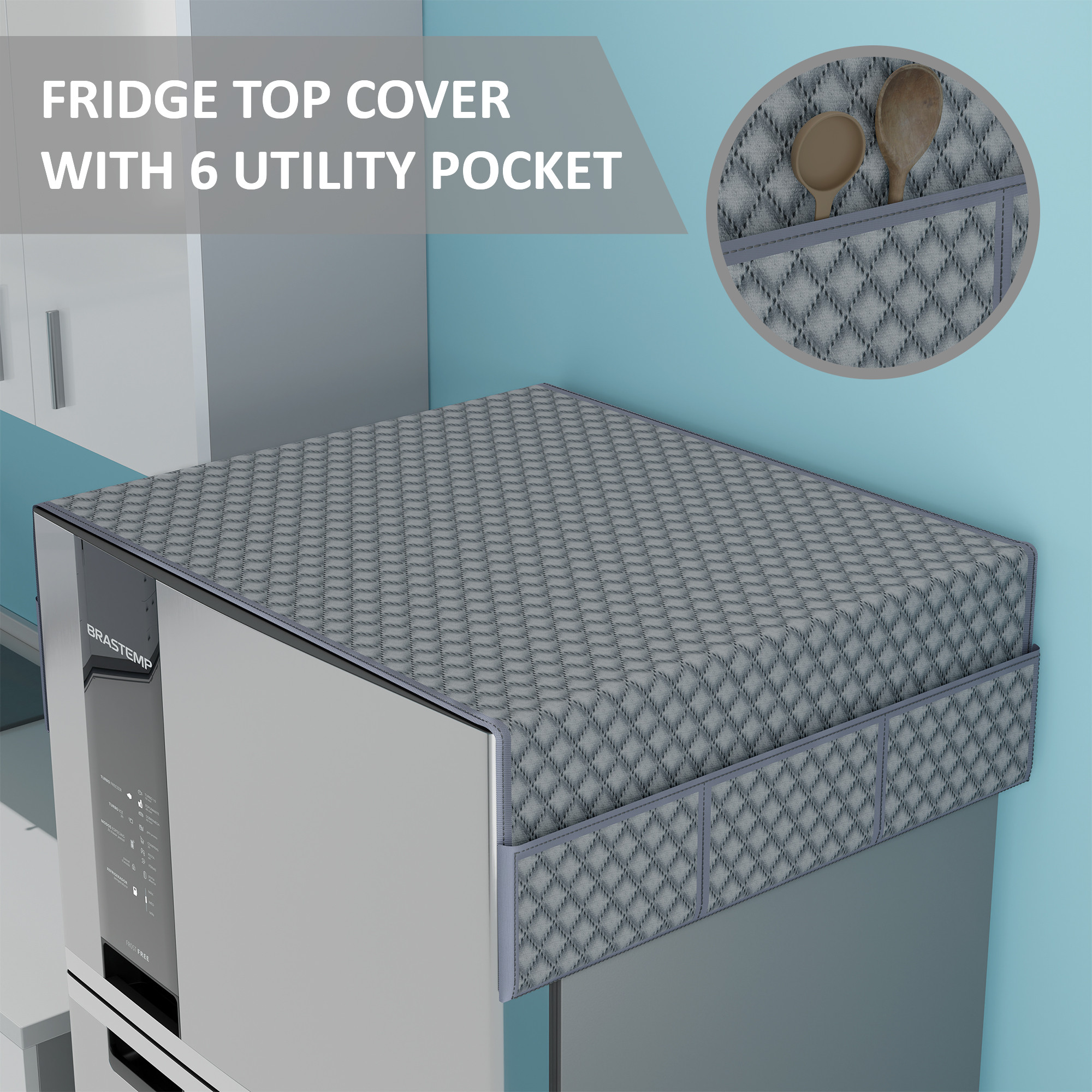 Kuber Industries Velvet Fridge Cover Top with 6 Utility Side Pockets  FreezeRefrigerator Cover Single Door  Fridge Top Organizer  Quilted Ultra Sonic - Grey