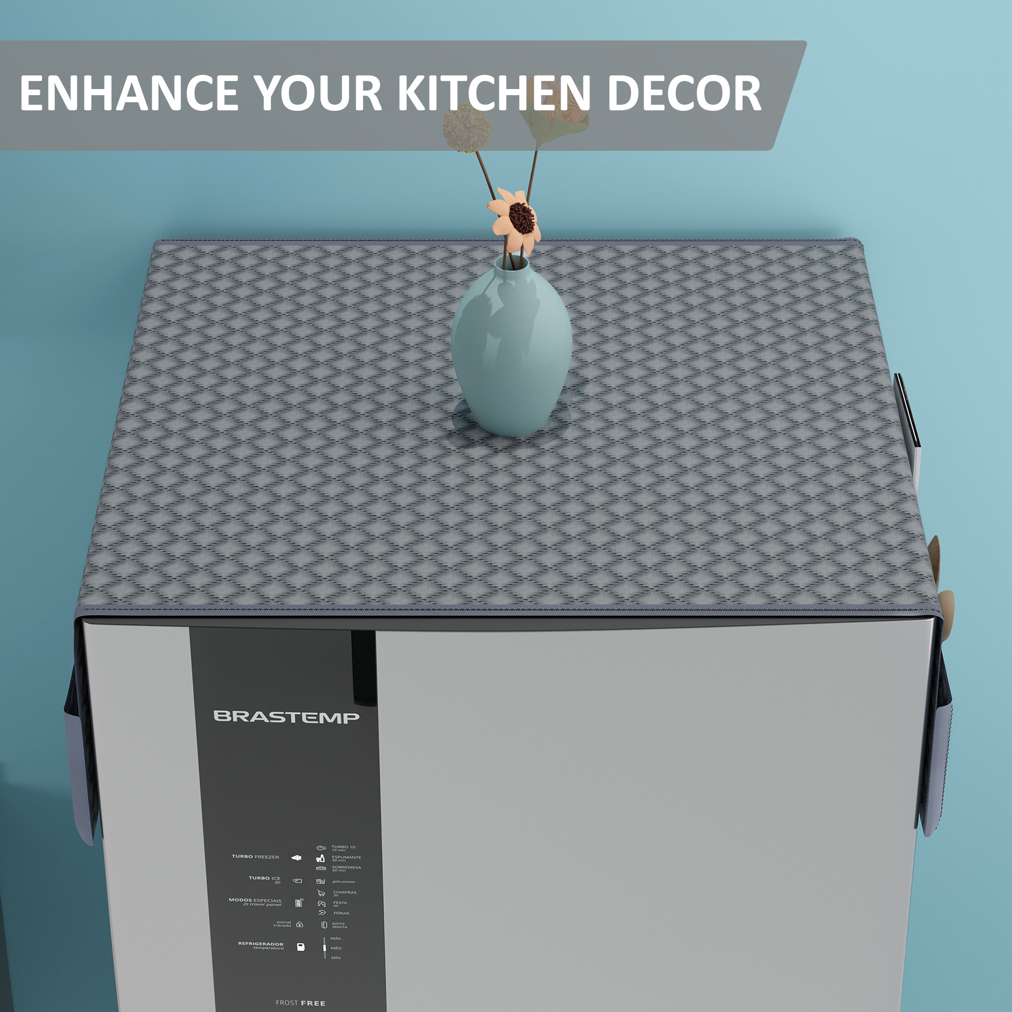 Kuber Industries Velvet Fridge Cover Top with 6 Utility Side Pockets  FreezeRefrigerator Cover Single Door  Fridge Top Organizer  Quilted Ultra Sonic - Grey