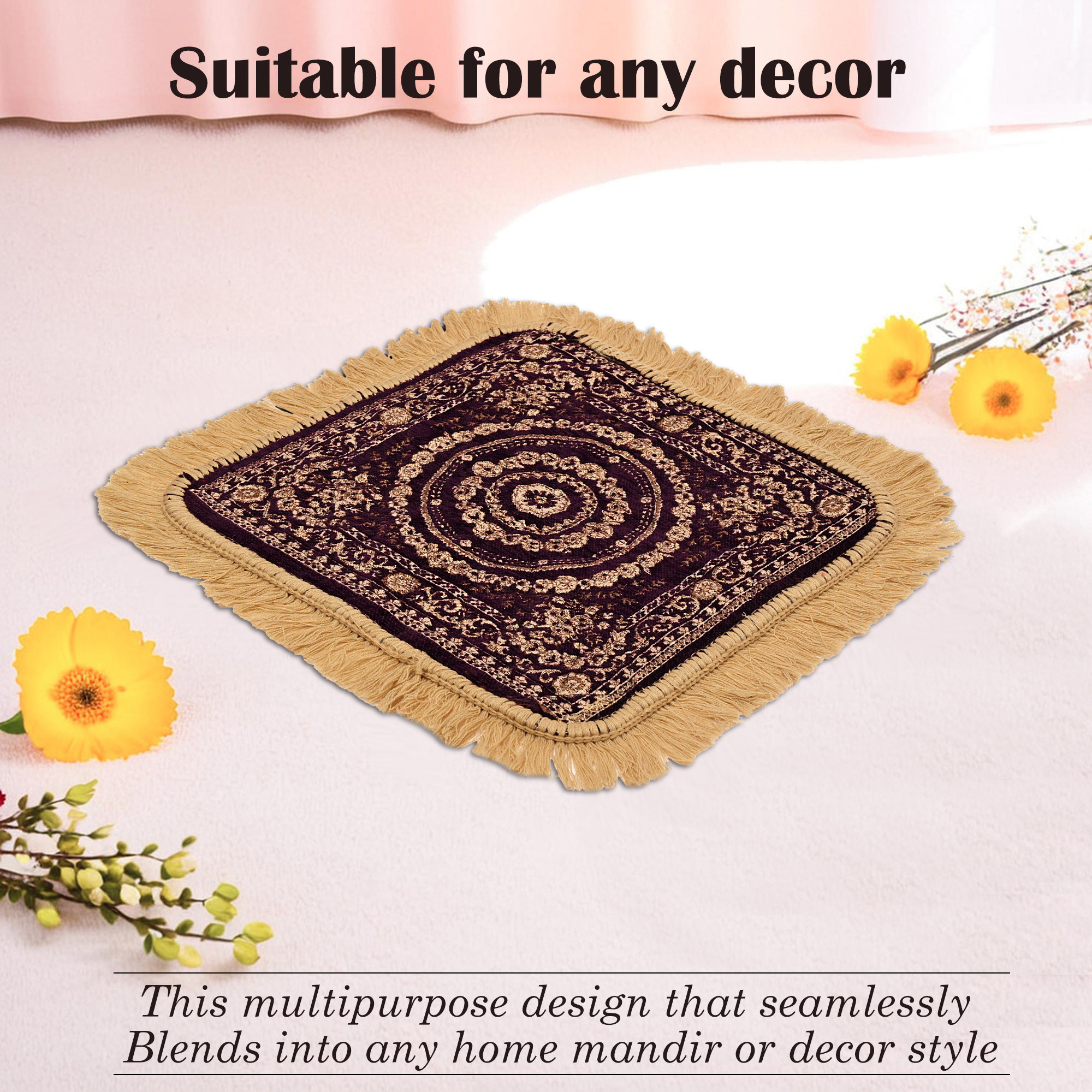 Kuber Industries Velvet Pooja Mat For Sitting On Floor  Comfortable Eating Aasan for Home  Decorative Sitting Mat for Meditation  Mandir  Floral - Golden  Purple