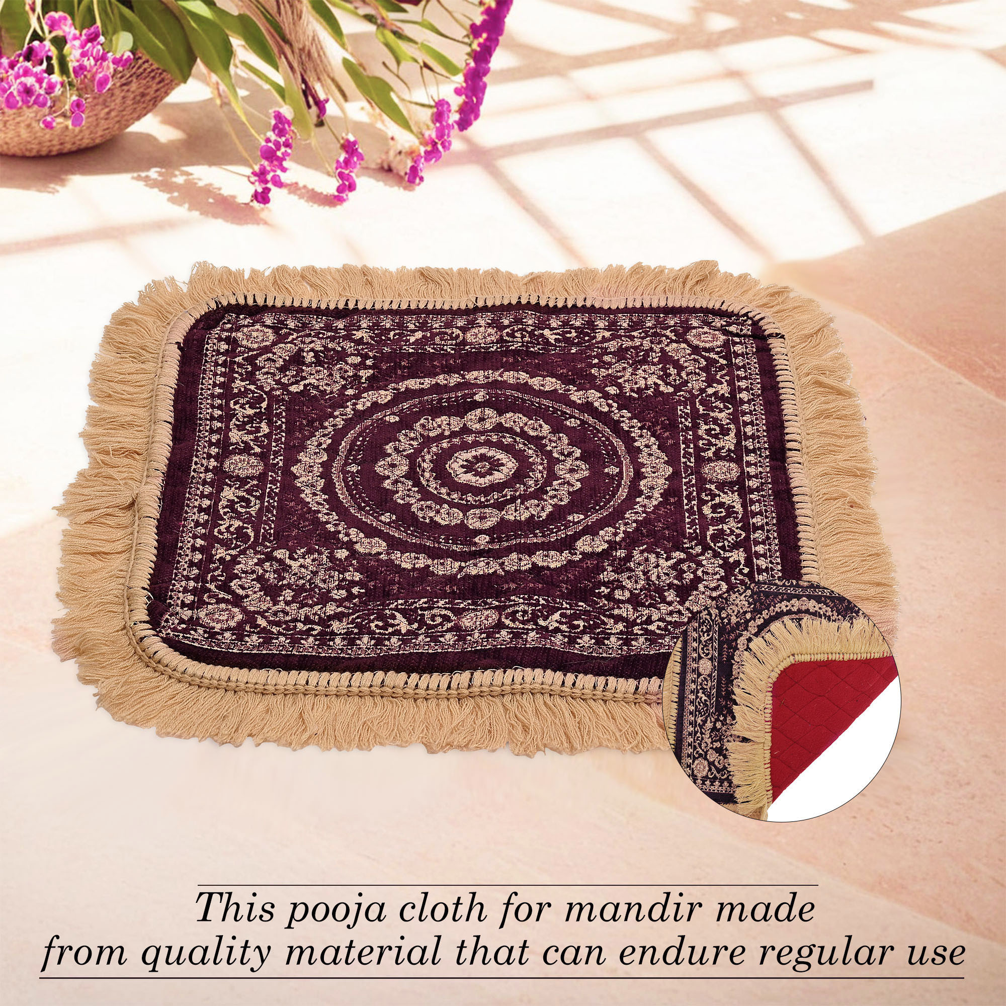 Kuber Industries Velvet Pooja Mat For Sitting On Floor  Comfortable Eating Aasan for Home  Decorative Sitting Mat for Meditation  Mandir  Floral - Golden  Purple