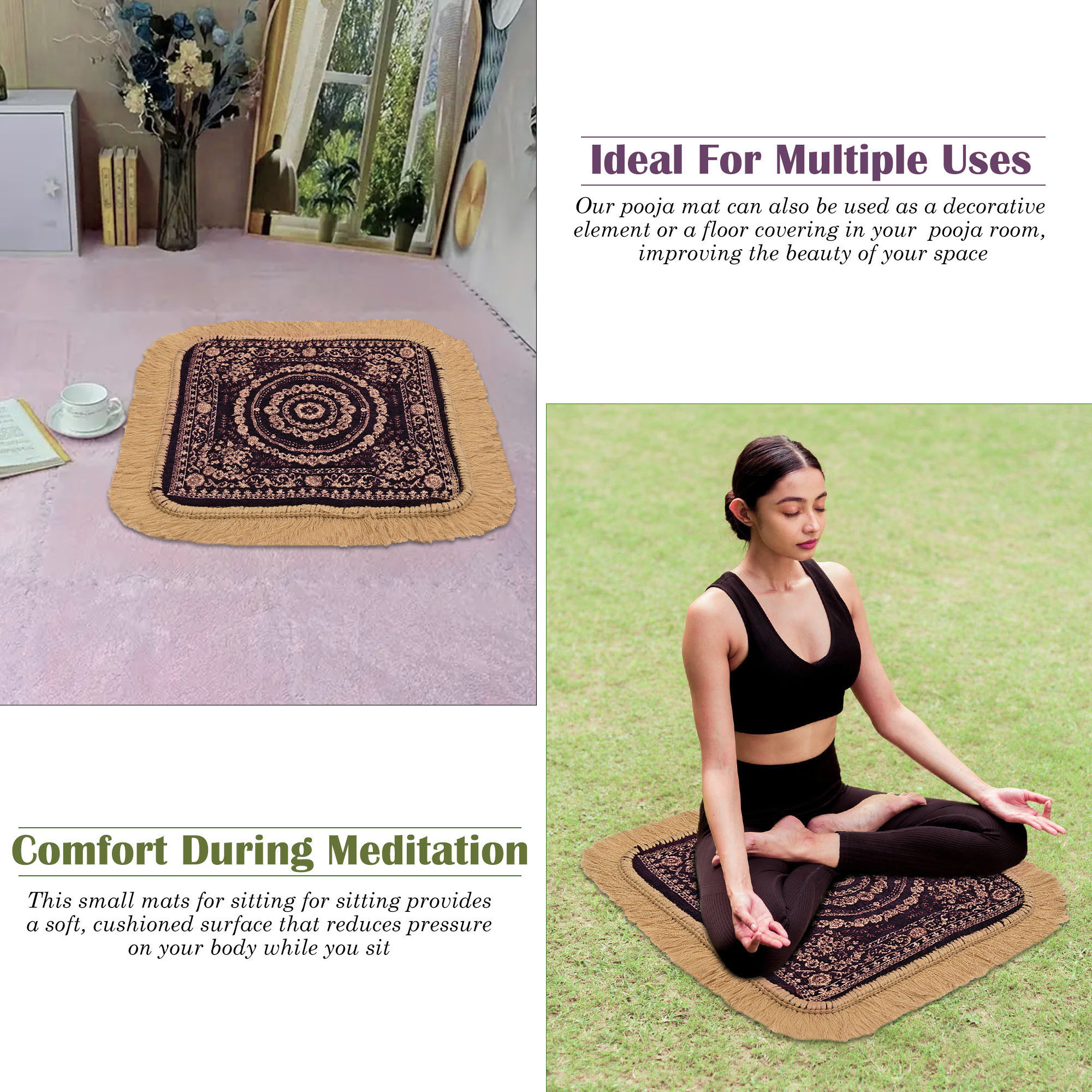 Kuber Industries Velvet Pooja Mat For Sitting On Floor  Comfortable Eating Aasan for Home  Decorative Sitting Mat for Meditation  Mandir  Floral - Golden  Purple