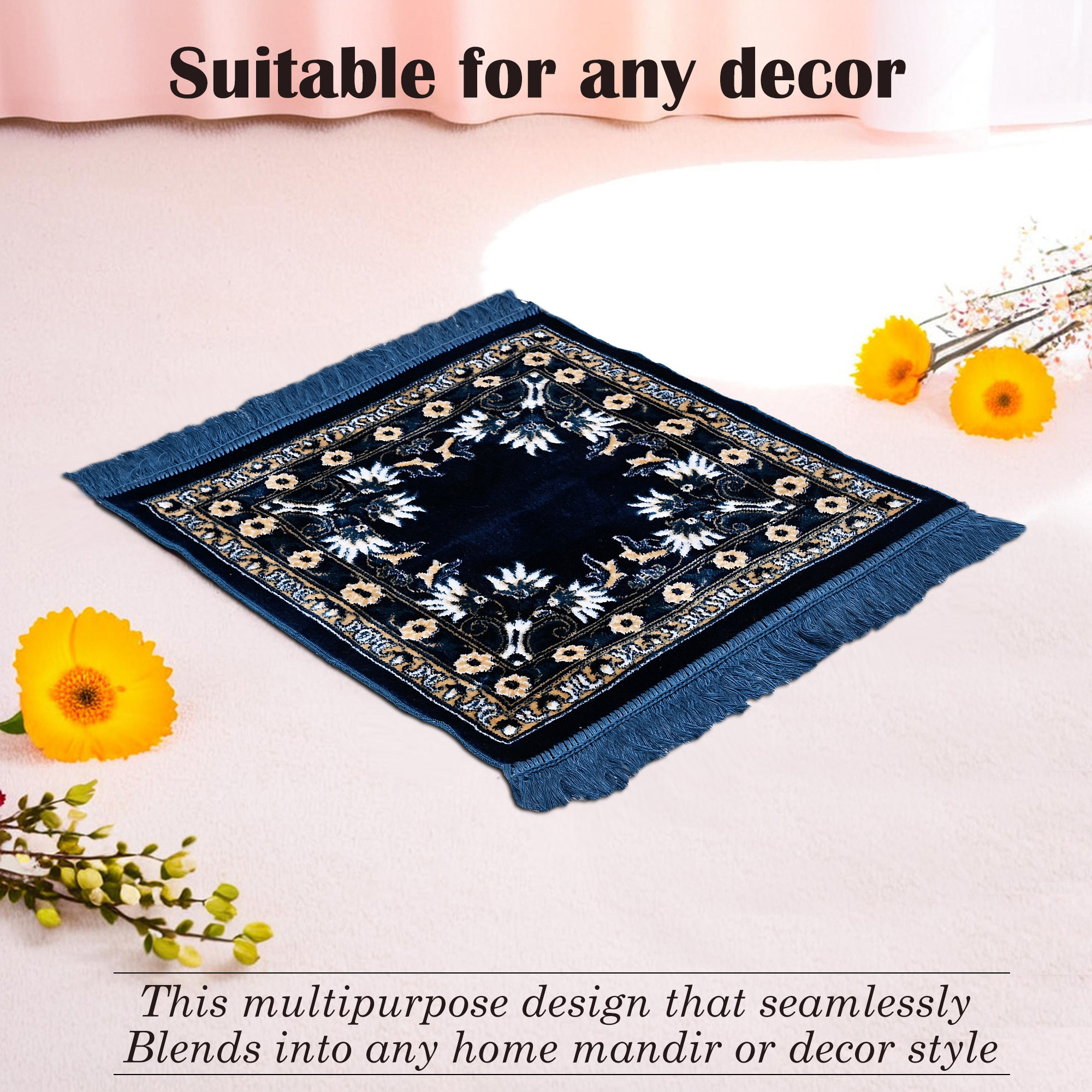 Kuber Industries Velvet Pooja Mat For Sitting On Floor  Comfortable Eating Aasan for Home  Decorative Sitting Mat for Meditation  Mandir  Floral Print - Navy  Sea Blue
