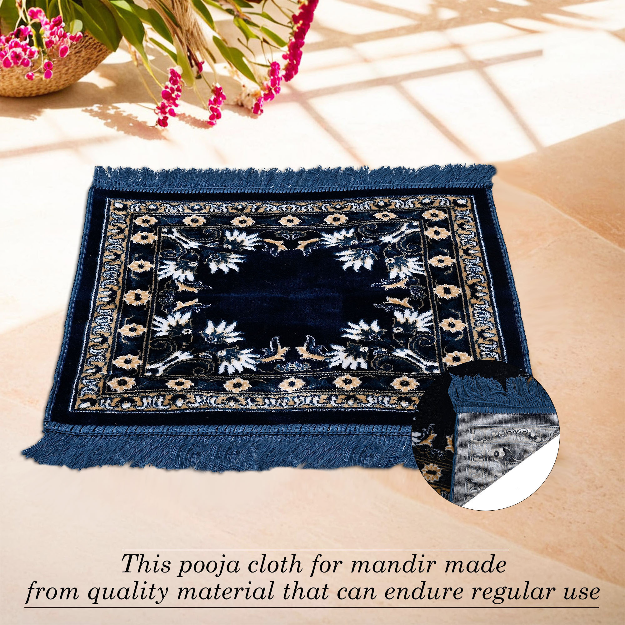 Kuber Industries Velvet Pooja Mat For Sitting On Floor  Comfortable Eating Aasan for Home  Decorative Sitting Mat for Meditation  Mandir  Floral Print - Navy  Sea Blue
