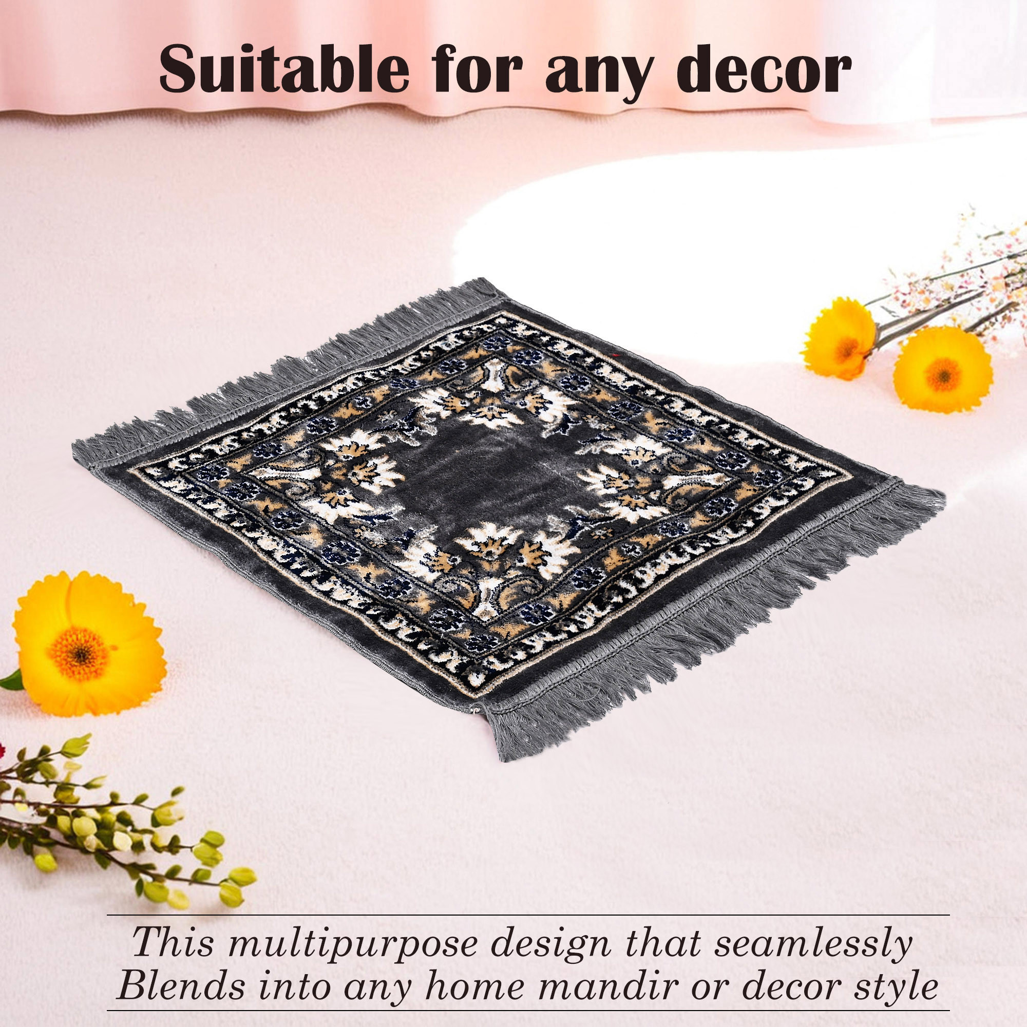 Kuber Industries Velvet Pooja Mat For Sitting On Floor  Comfortable Eating Aasan for Home  Decorative Sitting Mat for Meditation  Mandir  Floral Print - Grey  Navy Blue
