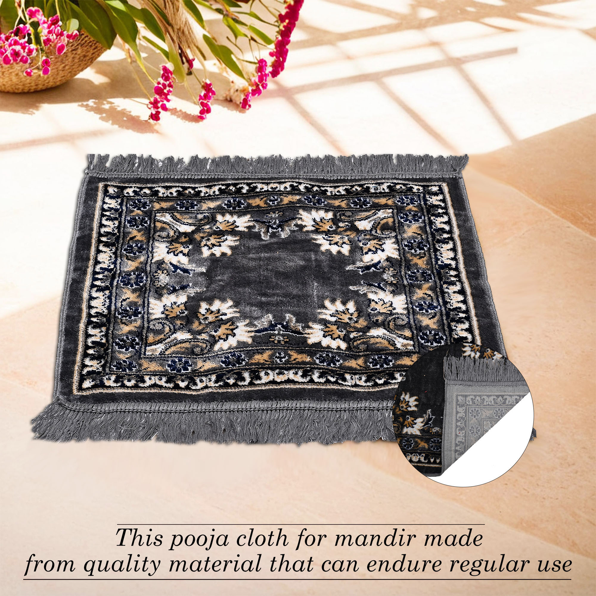Kuber Industries Velvet Pooja Mat For Sitting On Floor  Comfortable Eating Aasan for Home  Decorative Sitting Mat for Meditation  Mandir  Floral Print - Grey  Navy Blue
