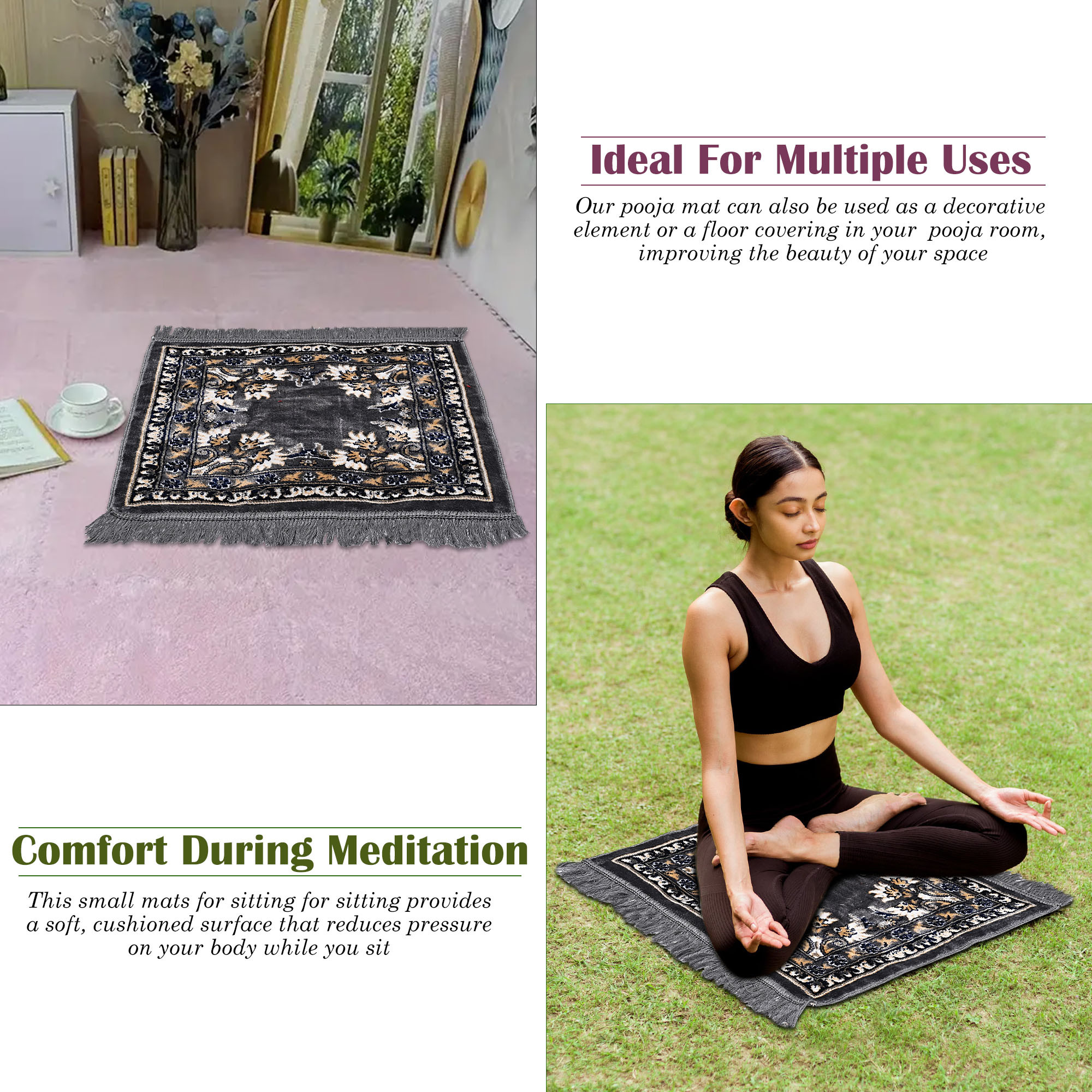 Kuber Industries Velvet Pooja Mat For Sitting On Floor  Comfortable Eating Aasan for Home  Decorative Sitting Mat for Meditation  Mandir  Floral Print - Grey  Navy Blue