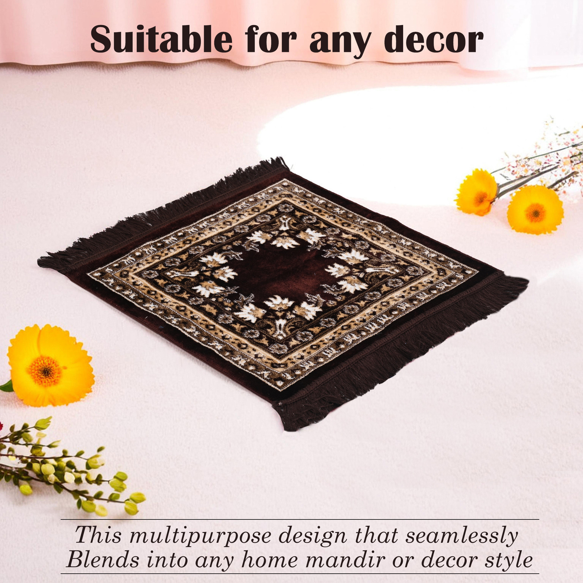 Kuber Industries Velvet Pooja Mat For Sitting On Floor  Comfortable Eating Aasan for Home  Decorative Sitting Mat for Meditation  Mandir  Floral Print - Dark  Light Brown