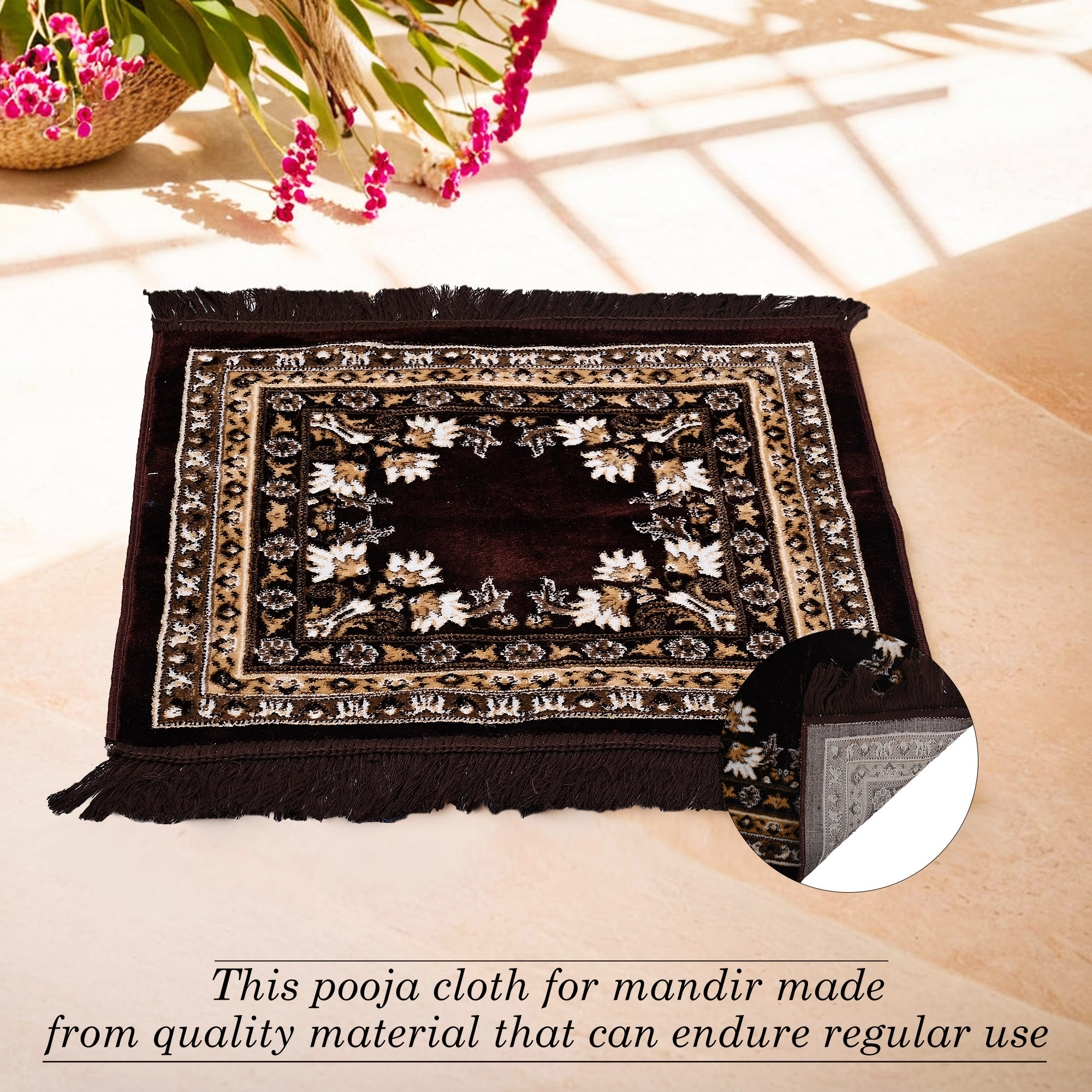 Kuber Industries Velvet Pooja Mat For Sitting On Floor  Comfortable Eating Aasan for Home  Decorative Sitting Mat for Meditation  Mandir  Floral Print - Dark  Light Brown