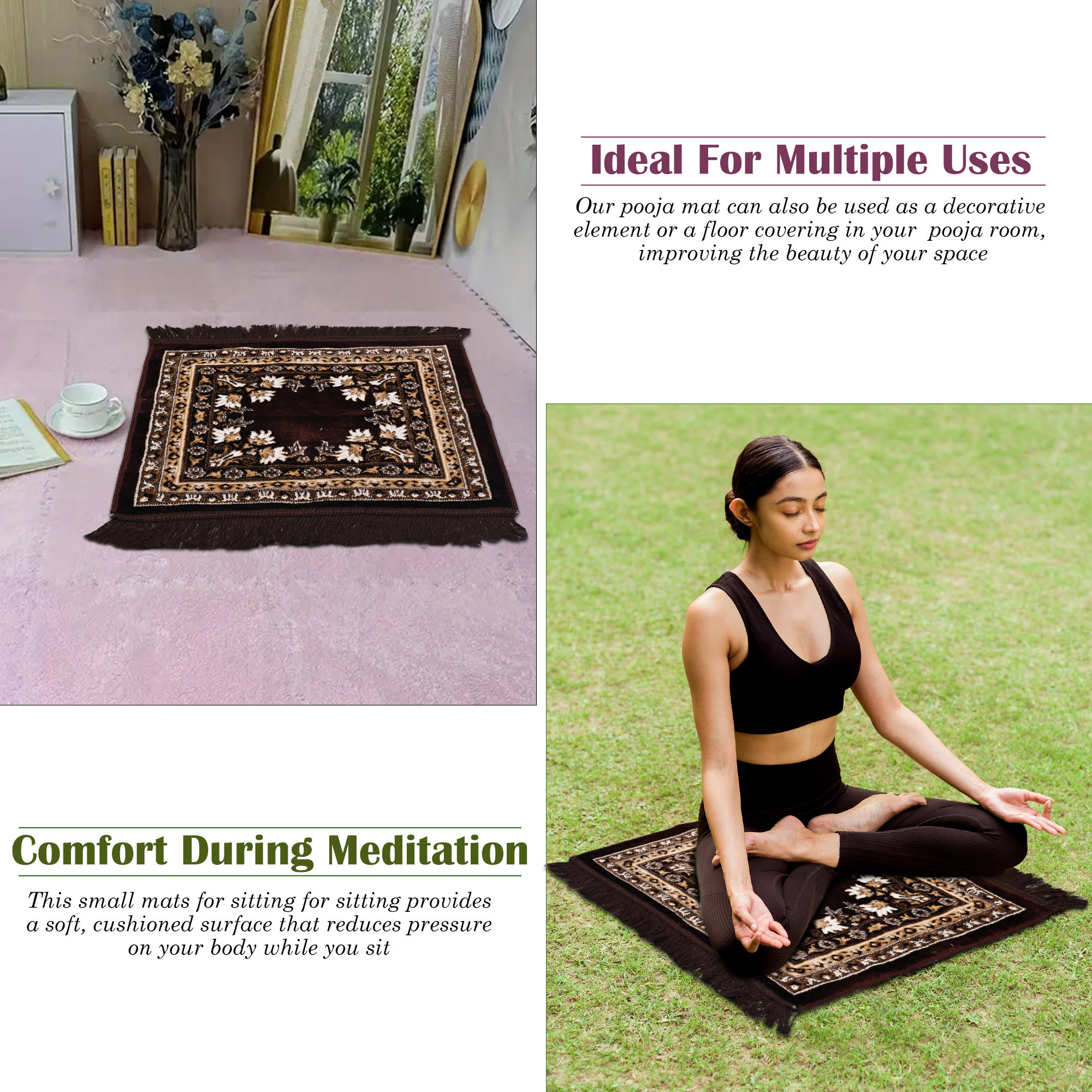 Kuber Industries Velvet Pooja Mat For Sitting On Floor  Comfortable Eating Aasan for Home  Decorative Sitting Mat for Meditation  Mandir  Floral Print - Dark  Light Brown