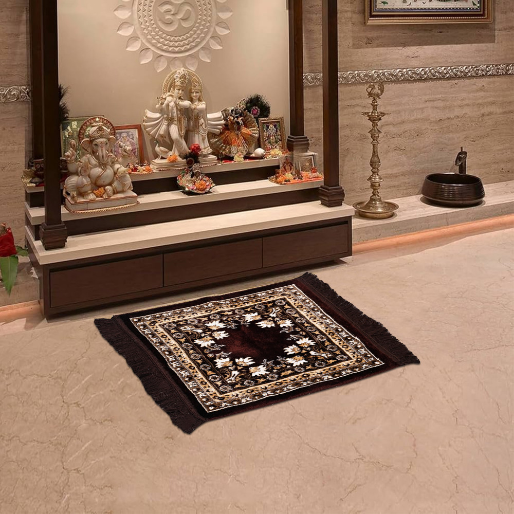Image of Velvet Pooja Mat For Sitting On Floor | Comfortable Eating Aasan for Home | Decorative Sitting Mat for Meditation & Mandir | Floral Print - Dark & Light Brown