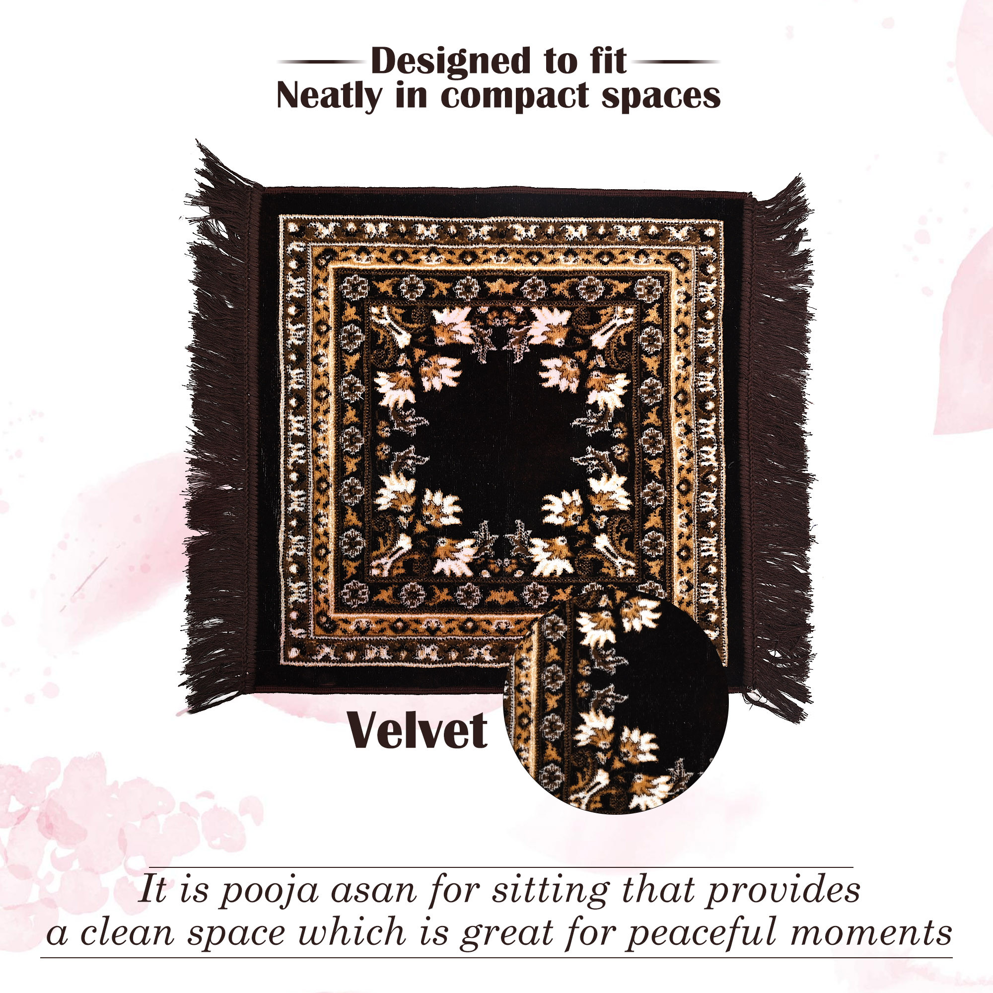 Kuber Industries Velvet Pooja Mat For Sitting On Floor  Comfortable Eating Aasan for Home  Decorative Sitting Mat for Meditation  Mandir  Floral Print - Dark  Light Brown