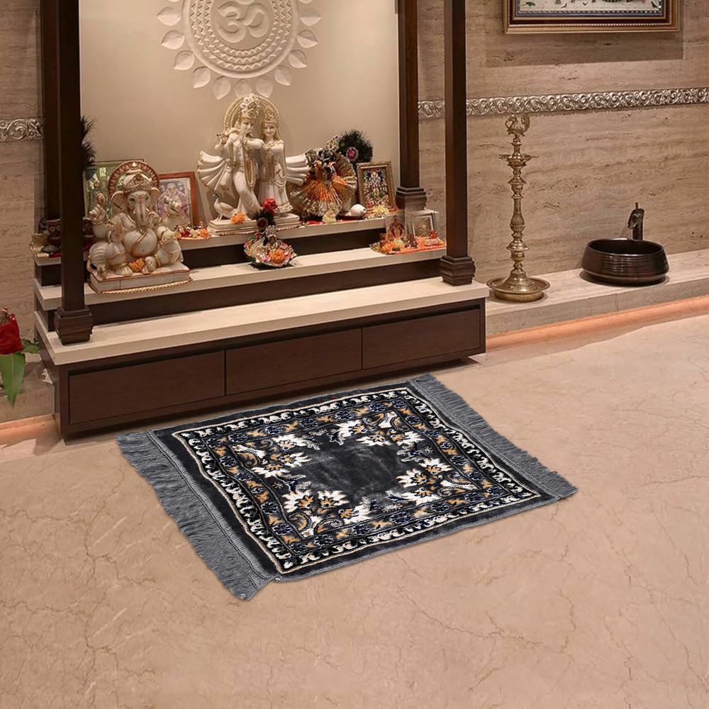 Image of Velvet Pooja Mat For Sitting On Floor | Comfortable Eating Aasan for Home | Decorative Sitting Mat for Meditation & Mandir | Floral Print - Grey & Navy Blue