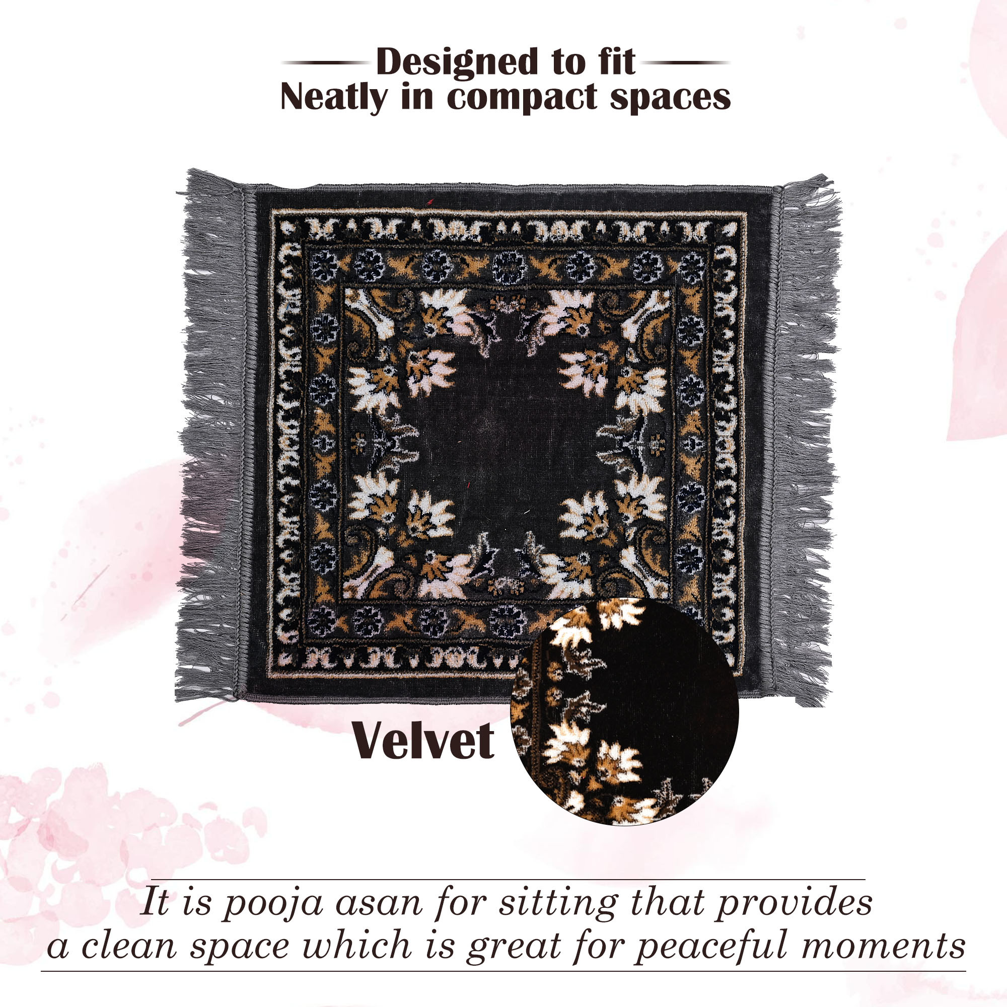 Kuber Industries Velvet Pooja Mat For Sitting On Floor  Comfortable Eating Aasan for Home  Decorative Sitting Mat for Meditation  Mandir  Floral Print - Grey  Navy Blue