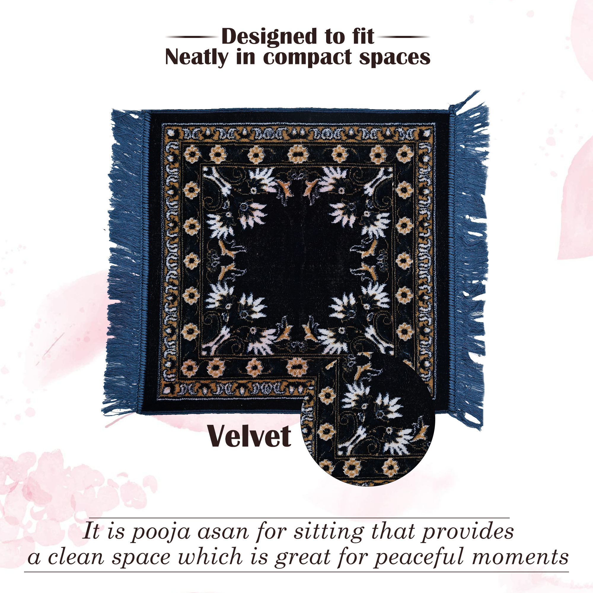 Kuber Industries Velvet Pooja Mat For Sitting On Floor  Comfortable Eating Aasan for Home  Decorative Sitting Mat for Meditation  Mandir  Floral Print - Navy  Sea Blue